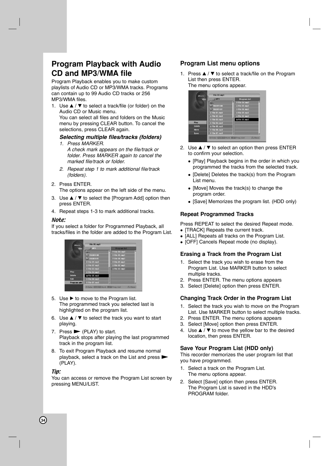 LG Electronics RH7500, RH7800 owner manual Program Playback with Audio CD and MP3/WMA file, Program List menu options 