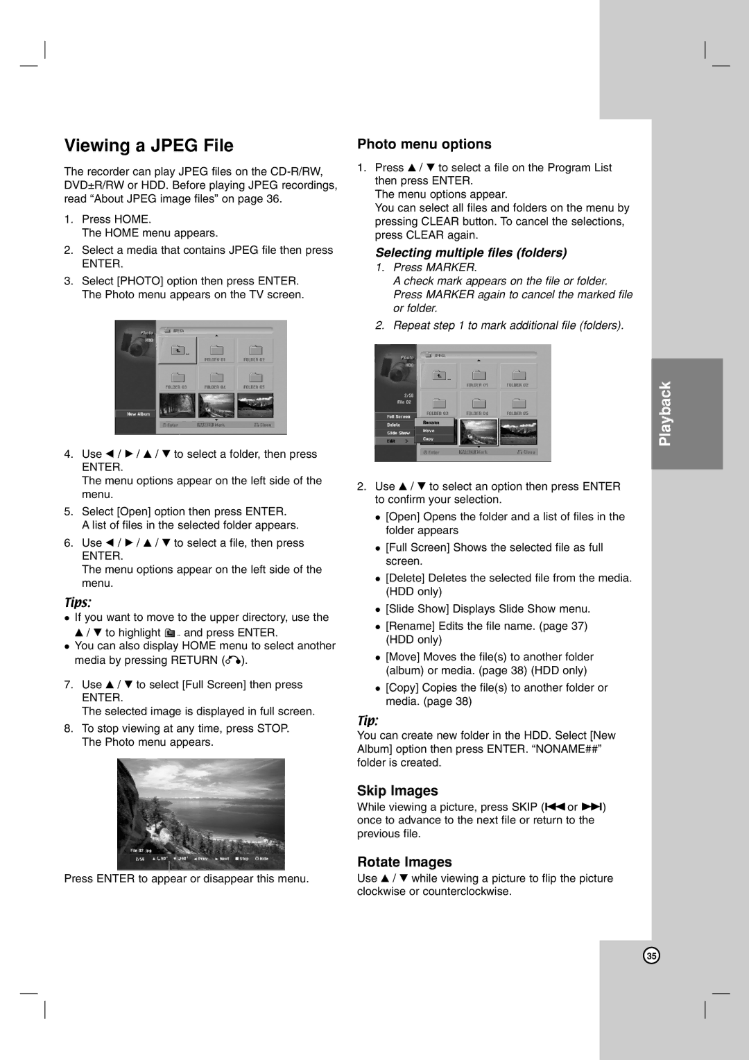 LG Electronics RH7800, RH7500 owner manual Viewing a Jpeg File, Photo menu options, Skip Images, Rotate Images 