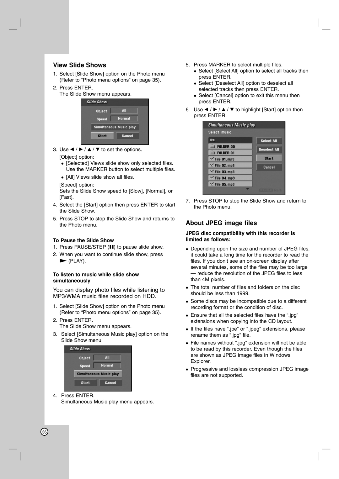 LG Electronics RH7500, RH7800 owner manual View Slide Shows, About Jpeg image files, To Pause the Slide Show 