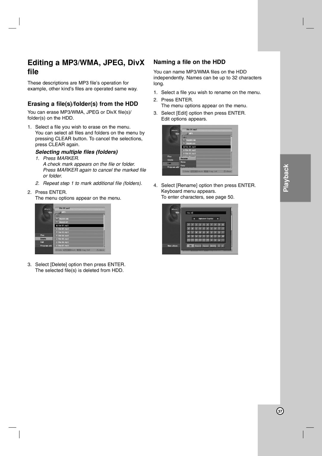 LG Electronics RH7800 Editing a MP3/WMA, JPEG, DivX file, Erasing a files/folders from the HDD, Naming a file on the HDD 