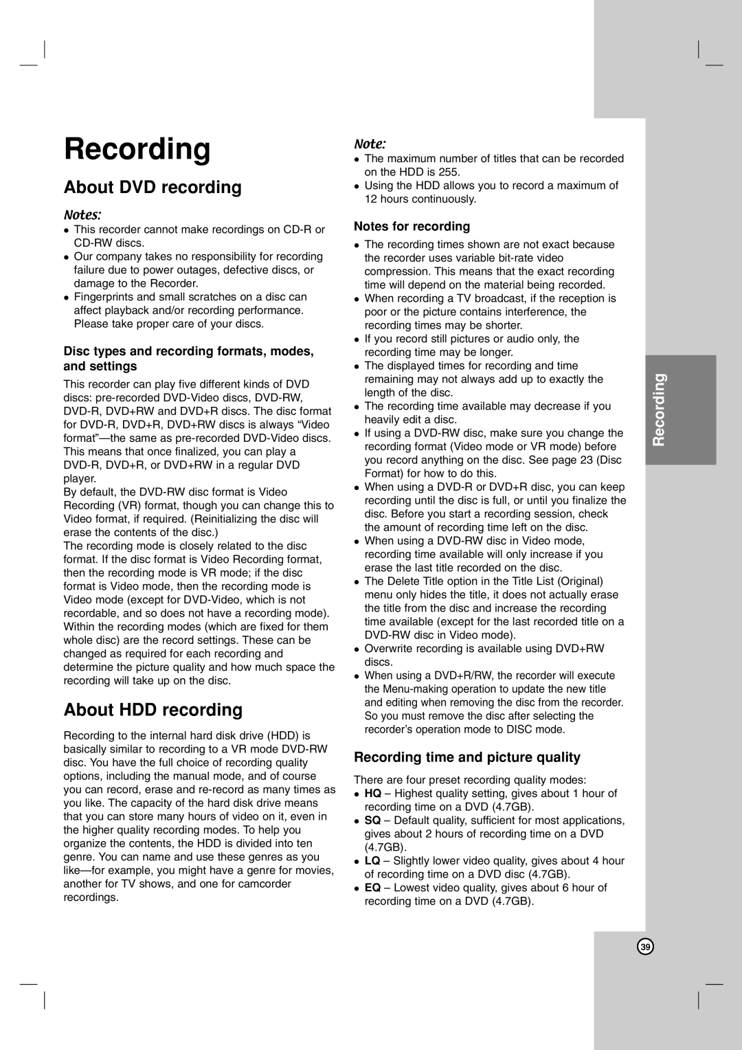 LG Electronics RH7800, RH7500 owner manual About DVD recording, About HDD recording, Recording time and picture quality 