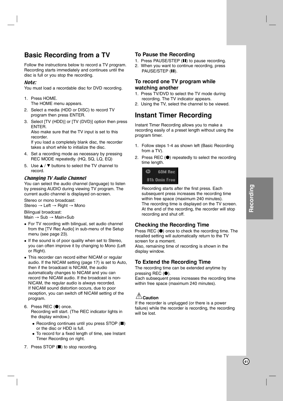 LG Electronics RH7800, RH7500 owner manual Basic Recording from a TV, Instant Timer Recording 