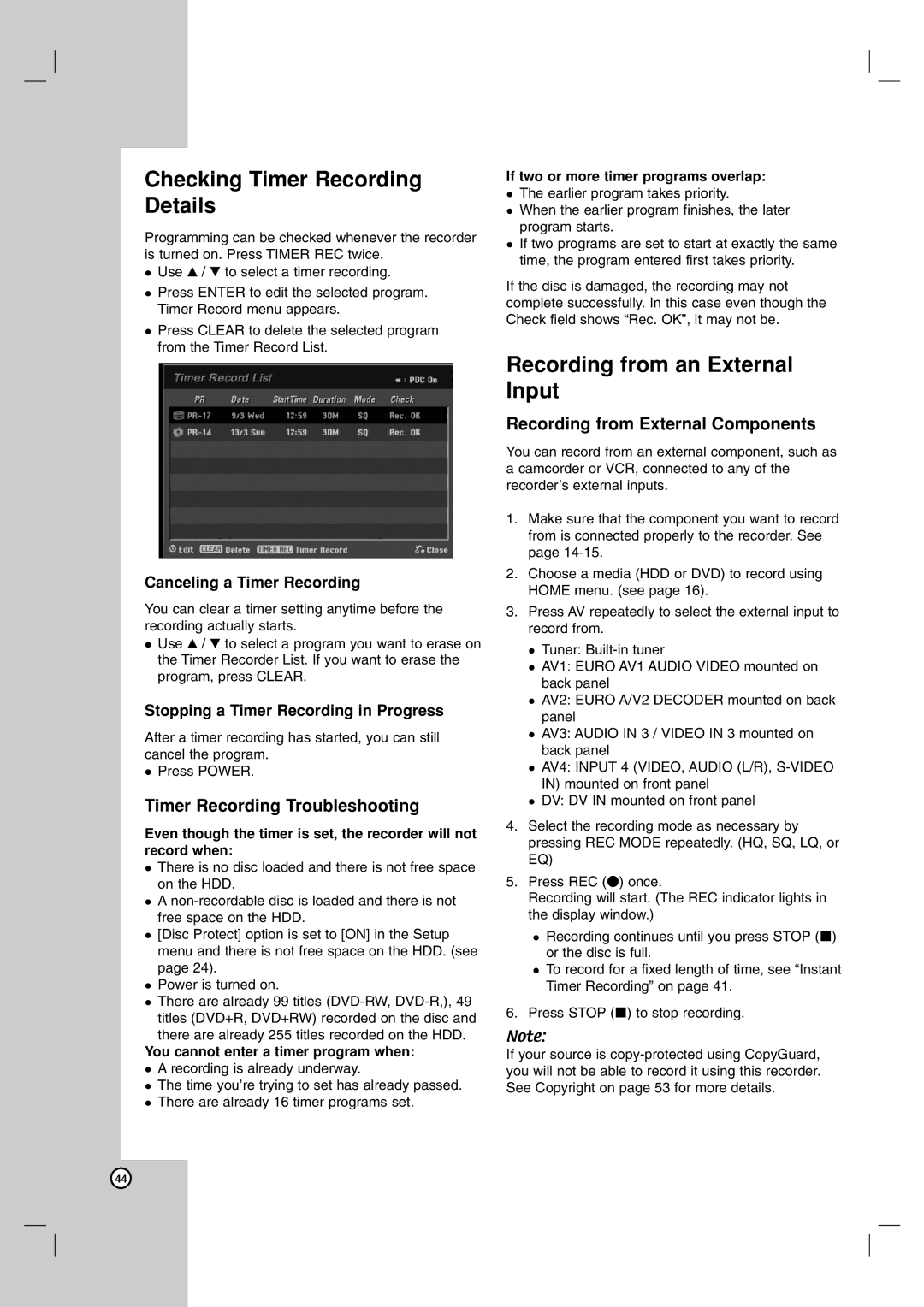 LG Electronics RH7500 Checking Timer Recording Details, Recording from an External Input, Timer Recording Troubleshooting 