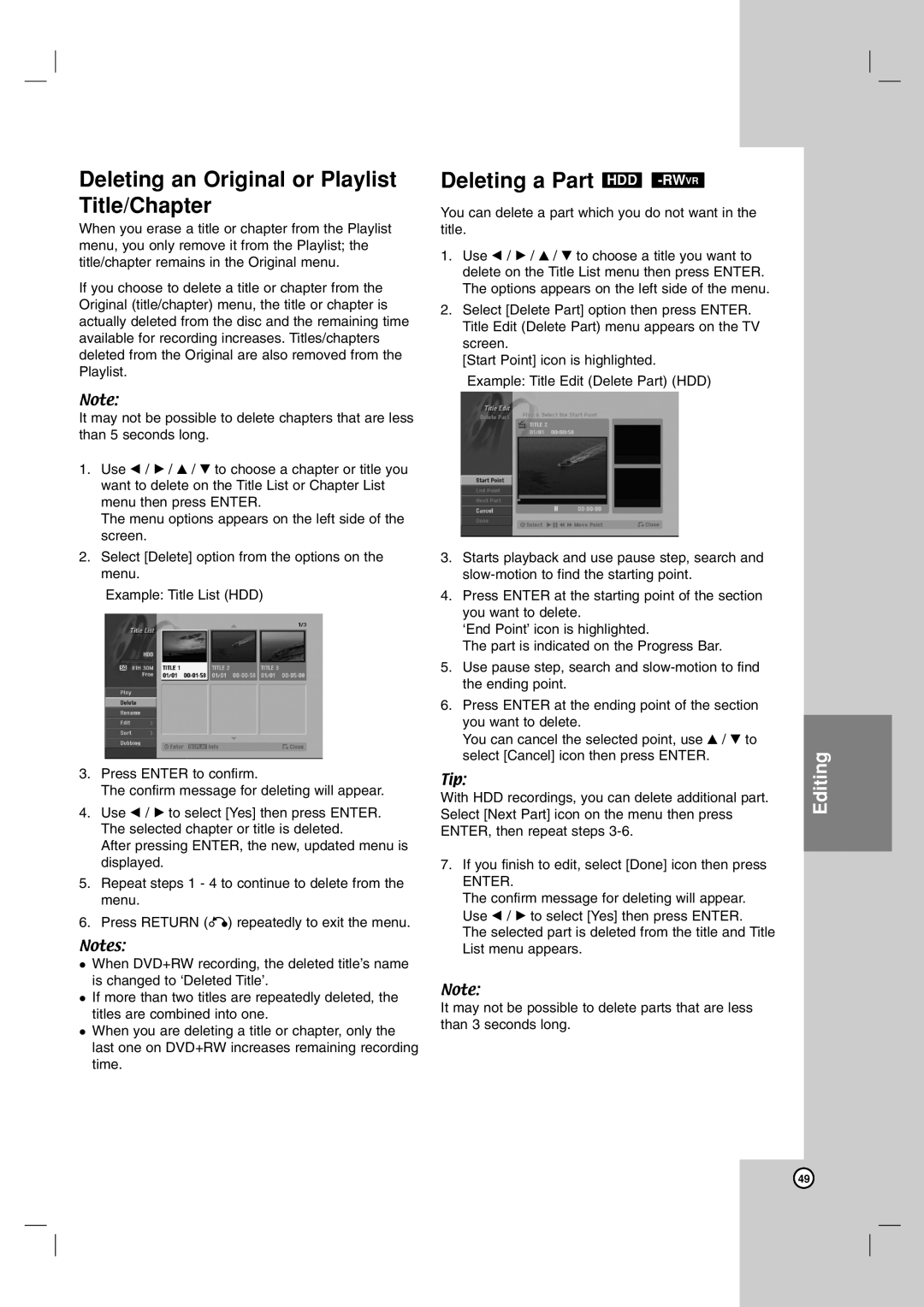 LG Electronics RH7800, RH7500 owner manual Deleting an Original or Playlist Title/Chapter, Deleting a Part HDD -RWVR 