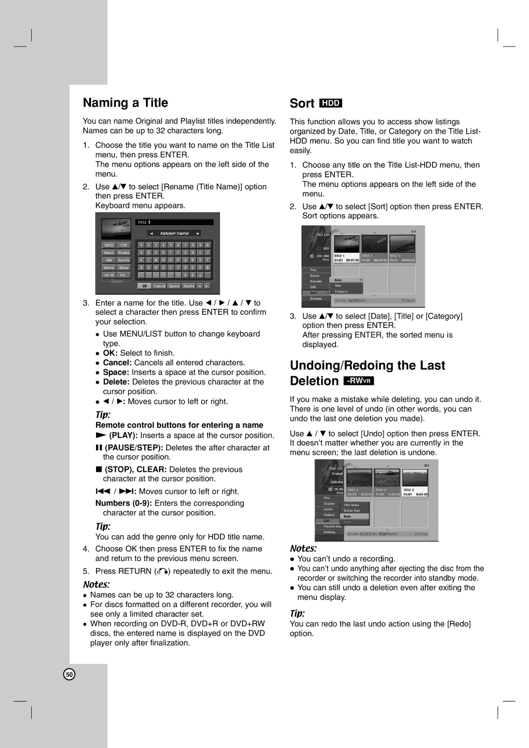 LG Electronics RH7500, RH7800 owner manual Naming a Title, Sort HDD, Undoing/Redoing the Last Deletion -RWVR 