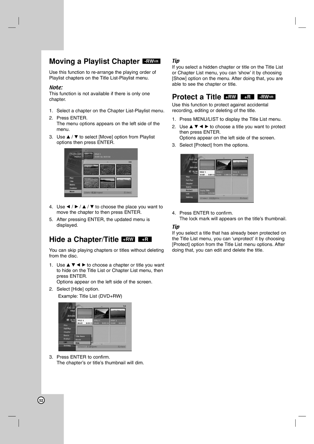 LG Electronics RH7500, RH7800 owner manual Moving a Playlist Chapter -RWVR, Hide a Chapter/Title +RW +R, +Rw +R -Rw 