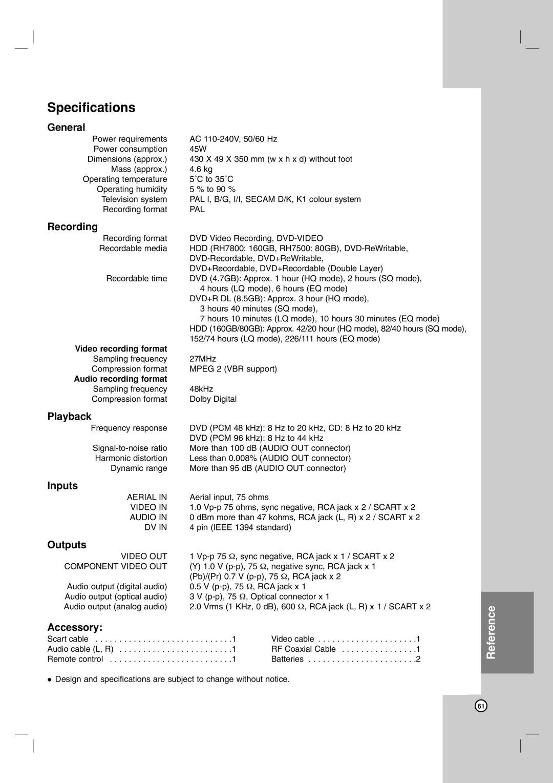 LG Electronics RH7800, RH7500 owner manual Specifications 