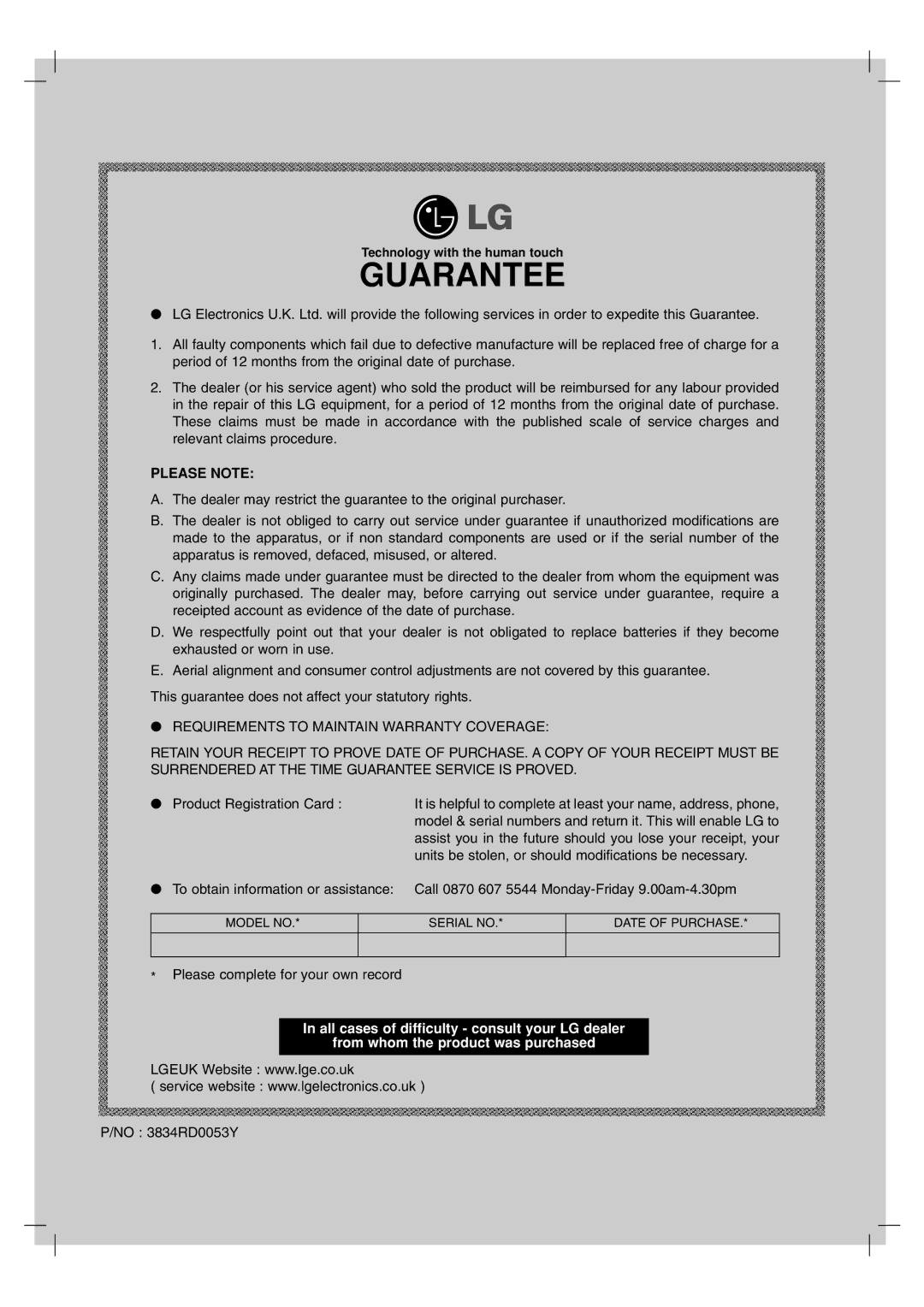 LG Electronics RH7500, RH7800 owner manual Guarantee 