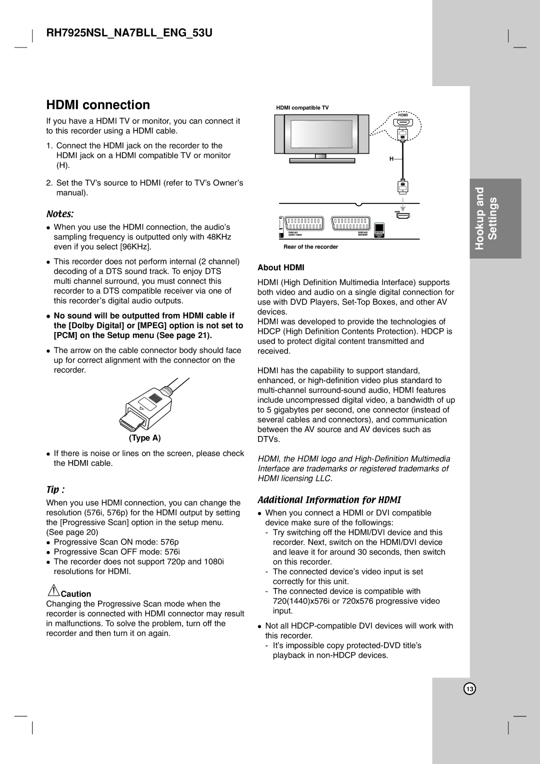 LG Electronics RH7850H owner manual Hdmi connection, Type a, About Hdmi 