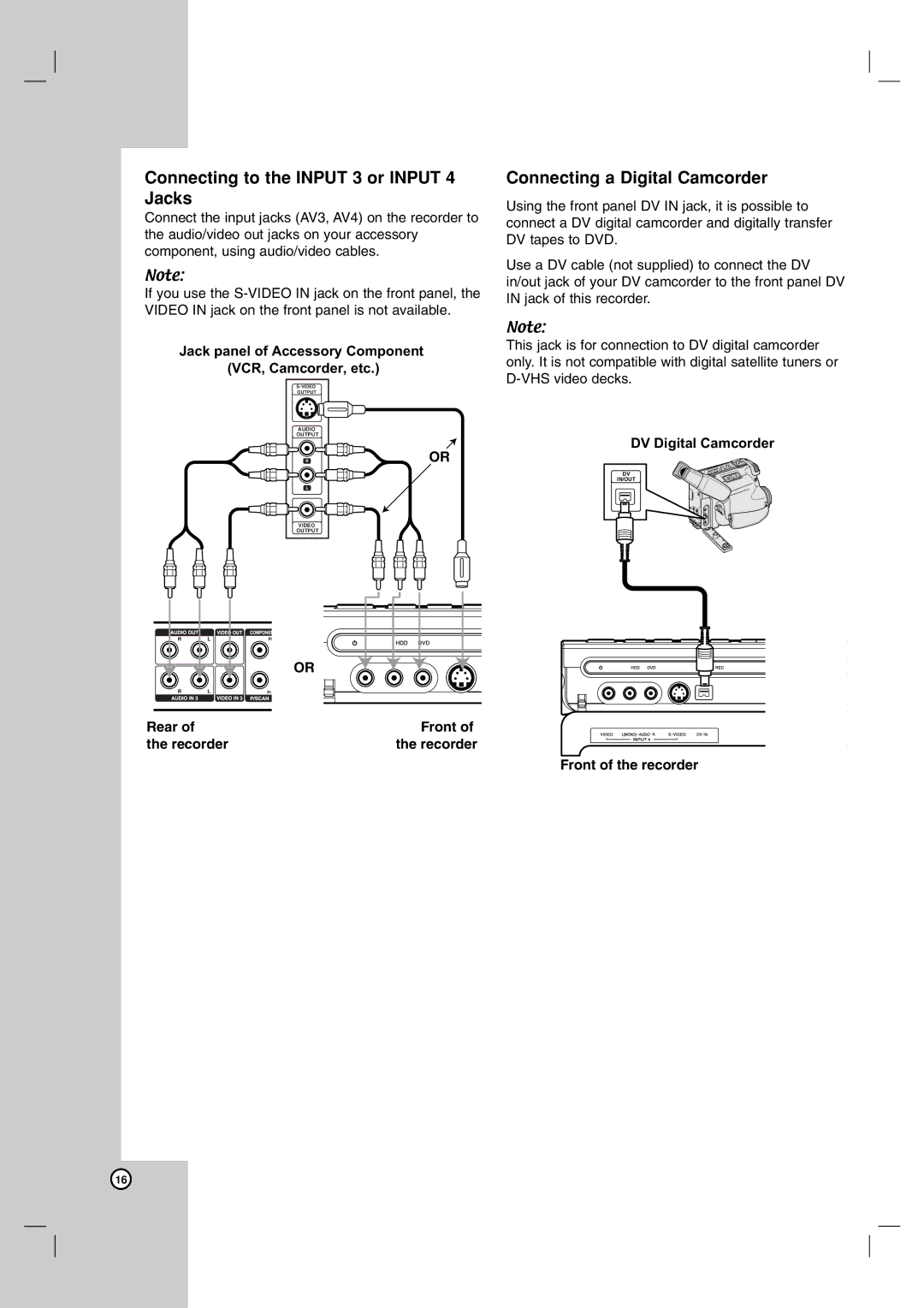 LG Electronics RH7850H Connecting to the Input 3 or Input 4 Jacks, Connecting a Digital Camcorder, Rear Front Recorder 