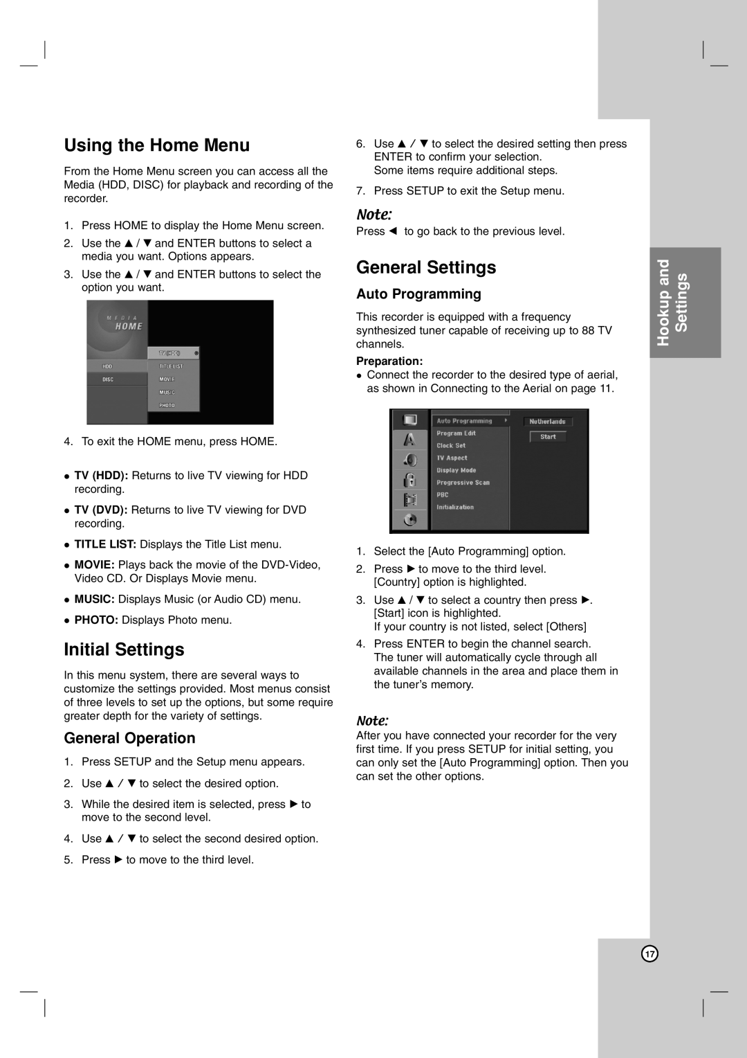 LG Electronics RH7850H owner manual Using the Home Menu, Initial Settings, General Settings, Auto Programming, Preparation 