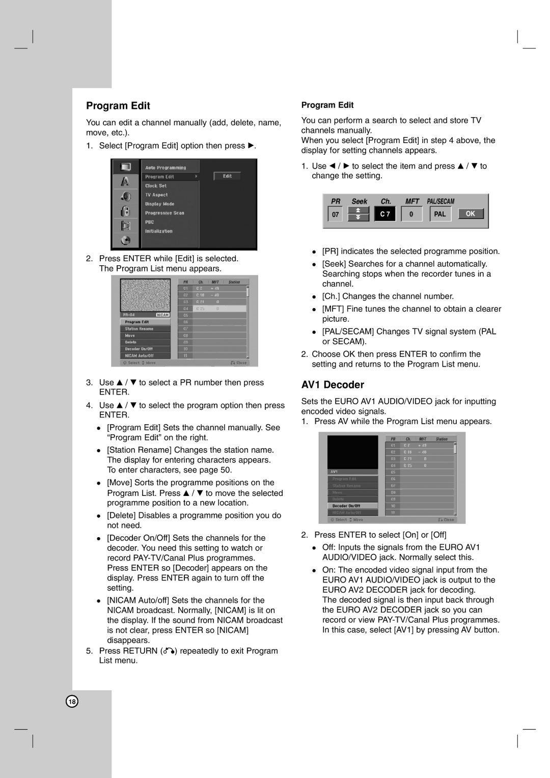 LG Electronics RH7850H owner manual Program Edit, AV1 Decoder 