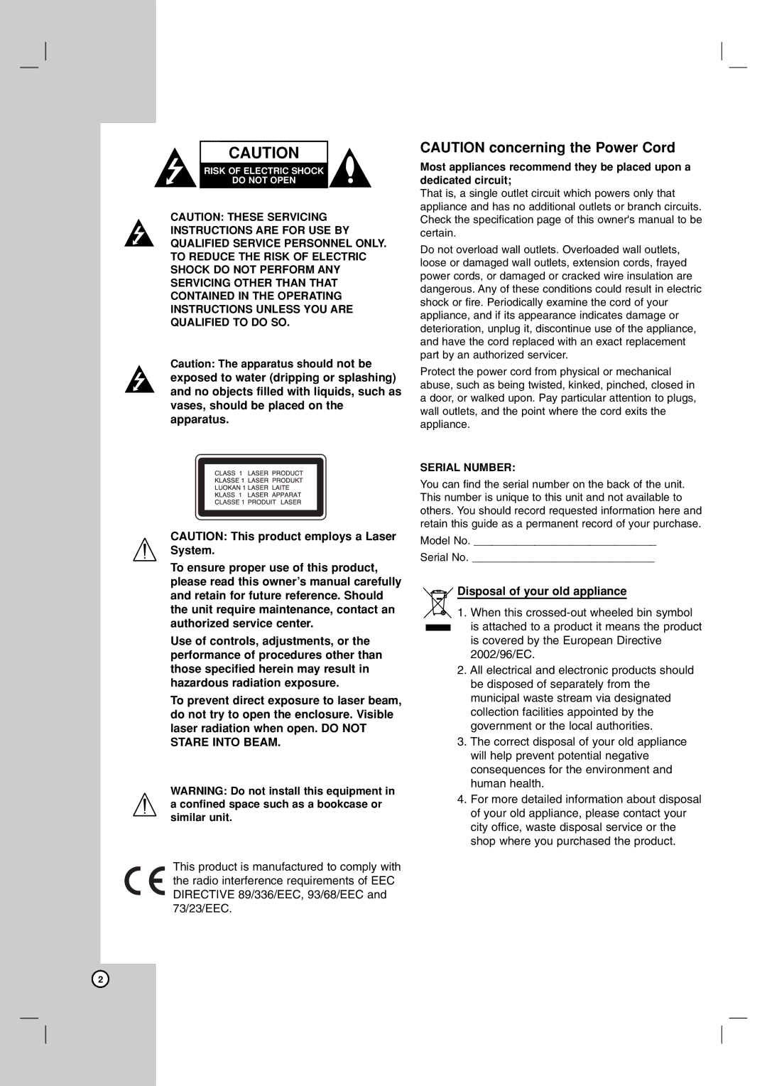 LG Electronics RH7850H owner manual Disposal of your old appliance, Serial Number 