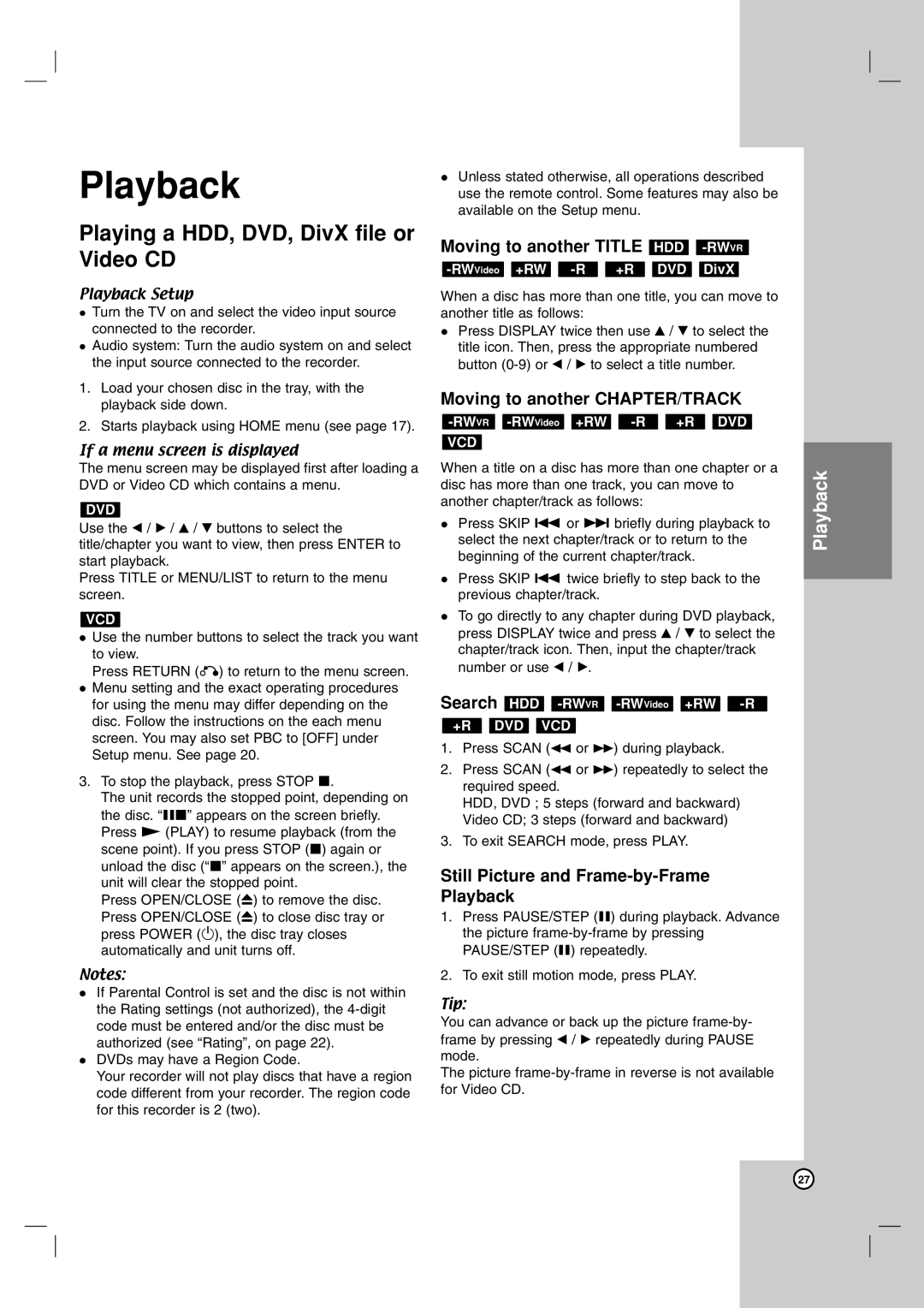 LG Electronics RH7850H owner manual Playing a HDD, DVD, DivX file or Video CD, Moving to another Title HDD -RWVR 