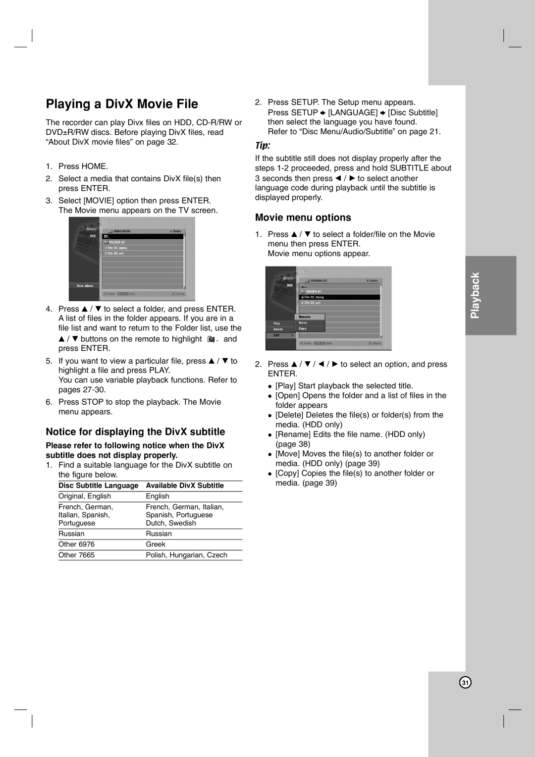 LG Electronics RH7850H owner manual Playing a DivX Movie File, Movie menu options 