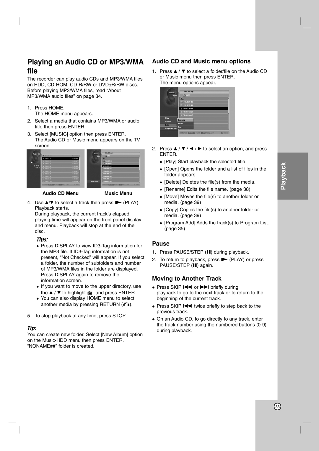 LG Electronics RH7850H owner manual Playing an Audio CD or MP3/WMA file, Audio CD and Music menu options, Pause 