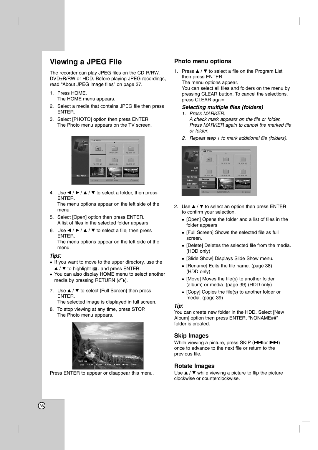 LG Electronics RH7850H owner manual Viewing a Jpeg File, Photo menu options, Skip Images, Rotate Images 