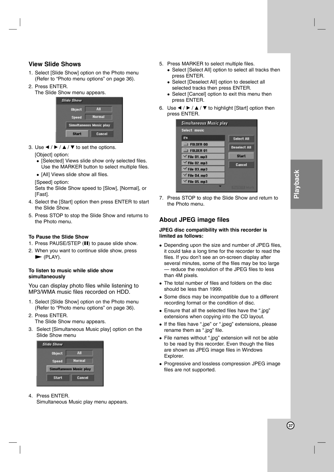 LG Electronics RH7850H owner manual View Slide Shows, About Jpeg image files, To Pause the Slide Show 