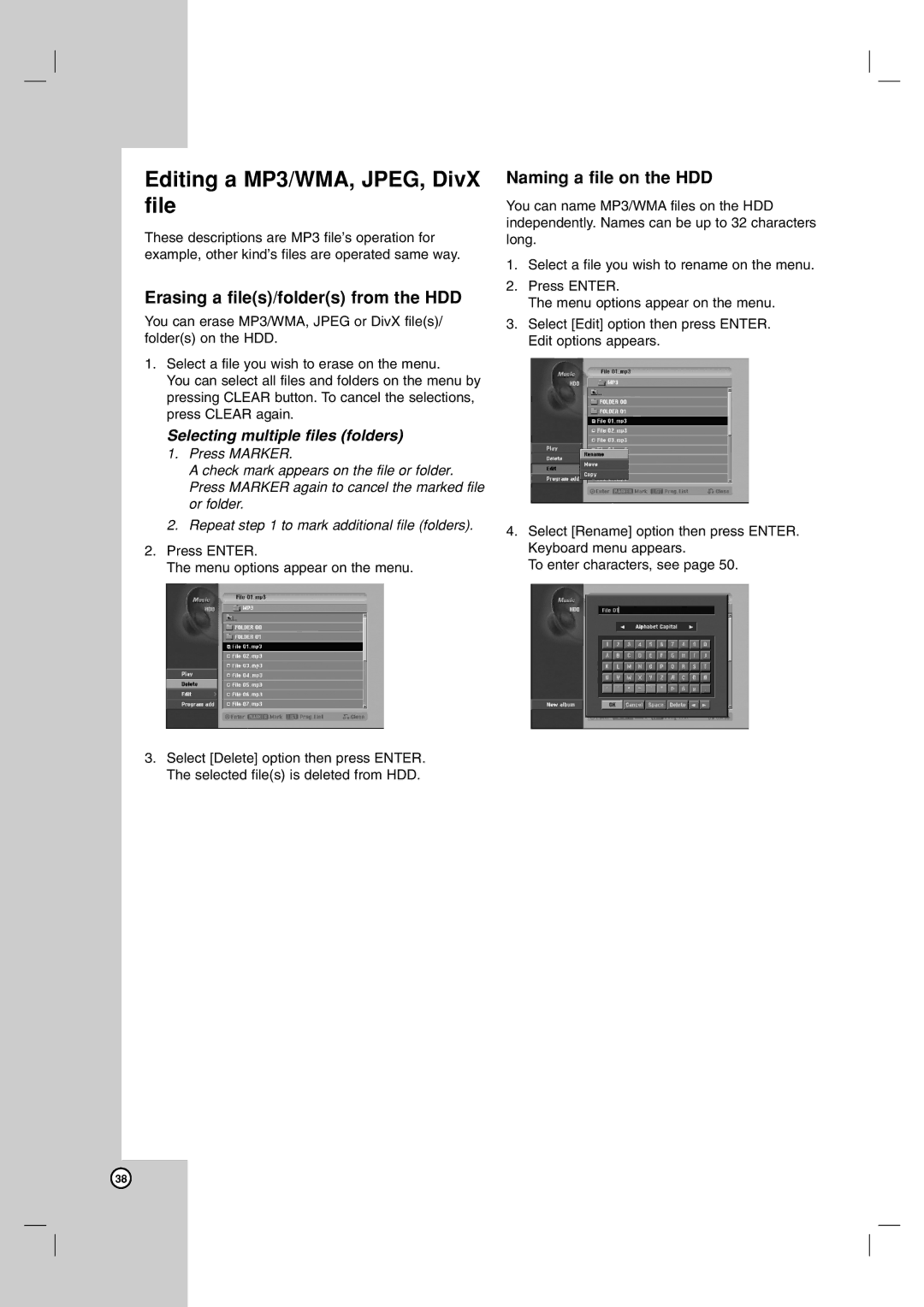 LG Electronics RH7850H Editing a MP3/WMA, JPEG, DivX file, Erasing a files/folders from the HDD, Naming a file on the HDD 