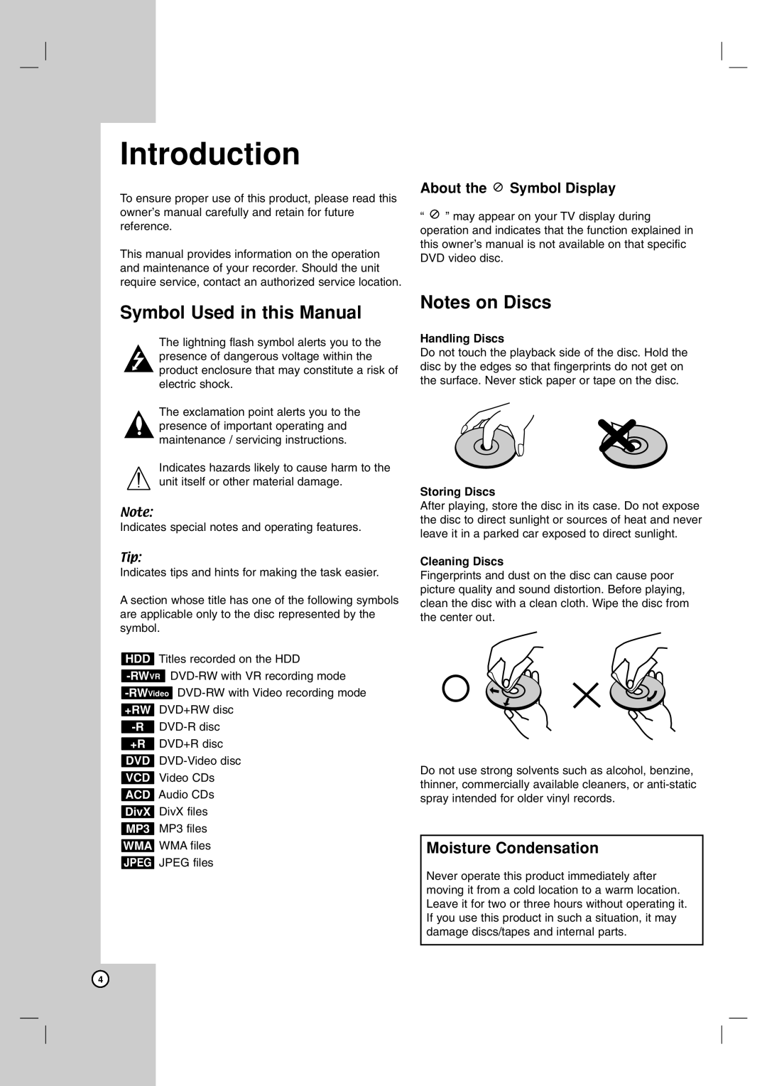 LG Electronics RH7850H Symbol Used in this Manual, About the Symbol Display, Handling Discs, Storing Discs, Cleaning Discs 