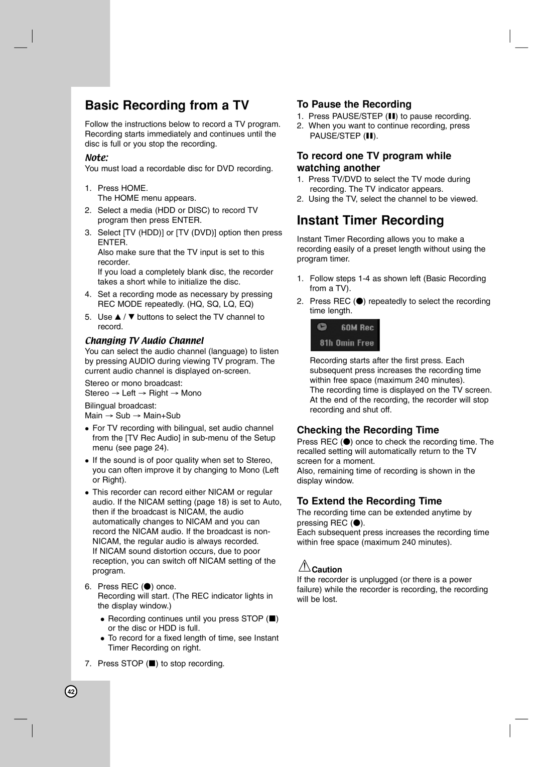 LG Electronics RH7850H owner manual Basic Recording from a TV, Instant Timer Recording 