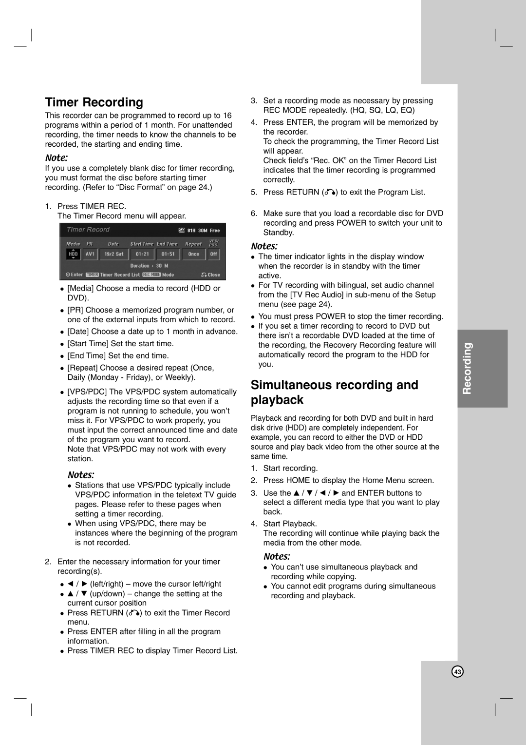 LG Electronics RH7850H owner manual Timer Recording, Simultaneous recording and playback 