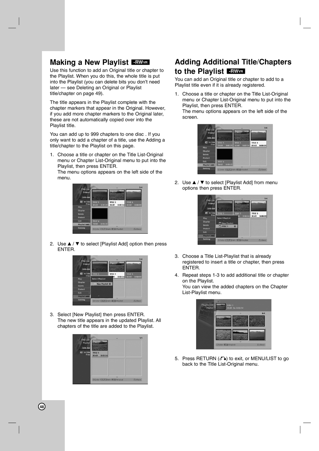 LG Electronics RH7850H owner manual Making a New Playlist -RWVR, Adding Additional Title/Chapters to the Playlist -RWVR 