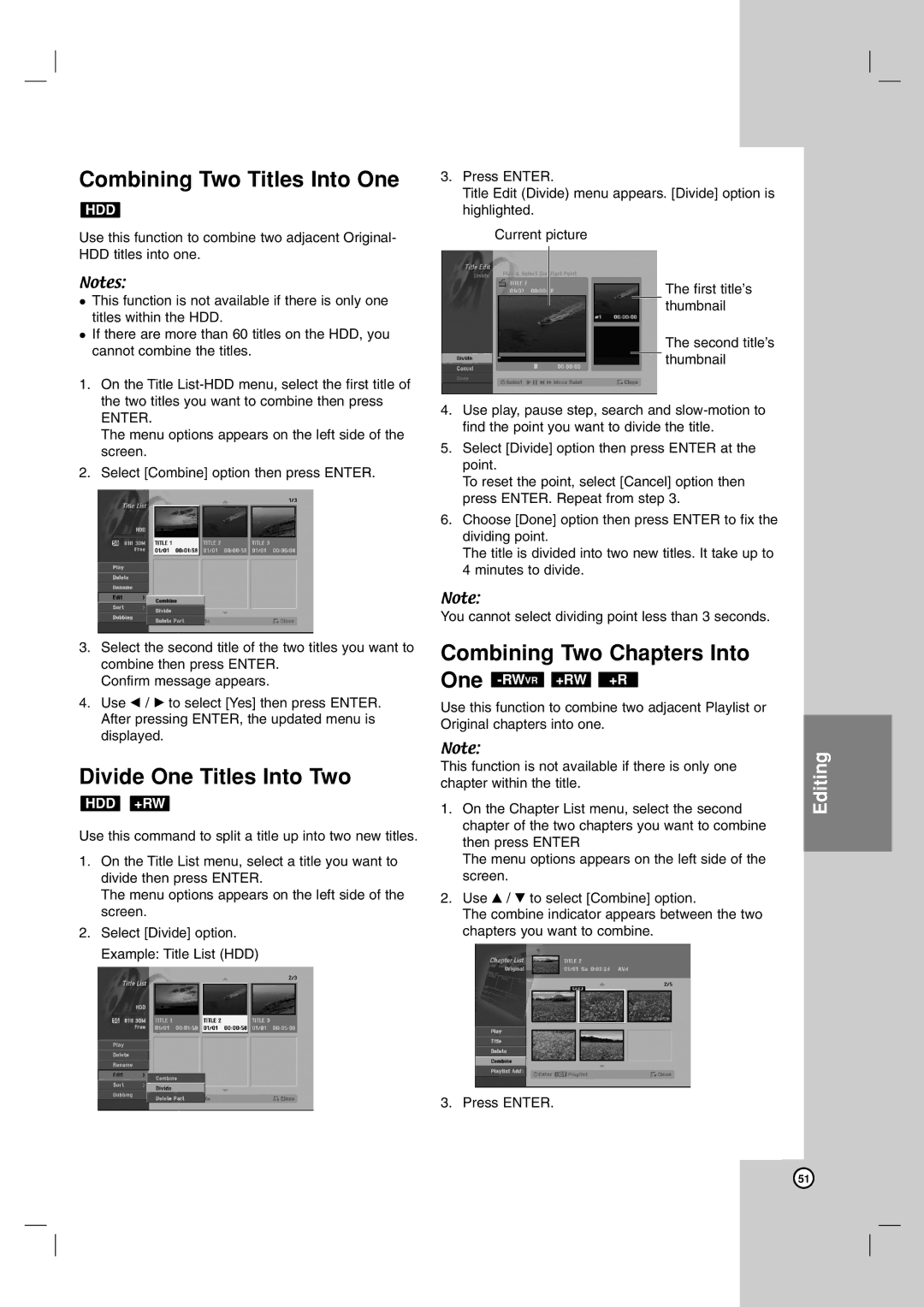 LG Electronics RH7850H owner manual Combining Two Titles Into One, Divide One Titles Into Two, Combining Two Chapters Into 