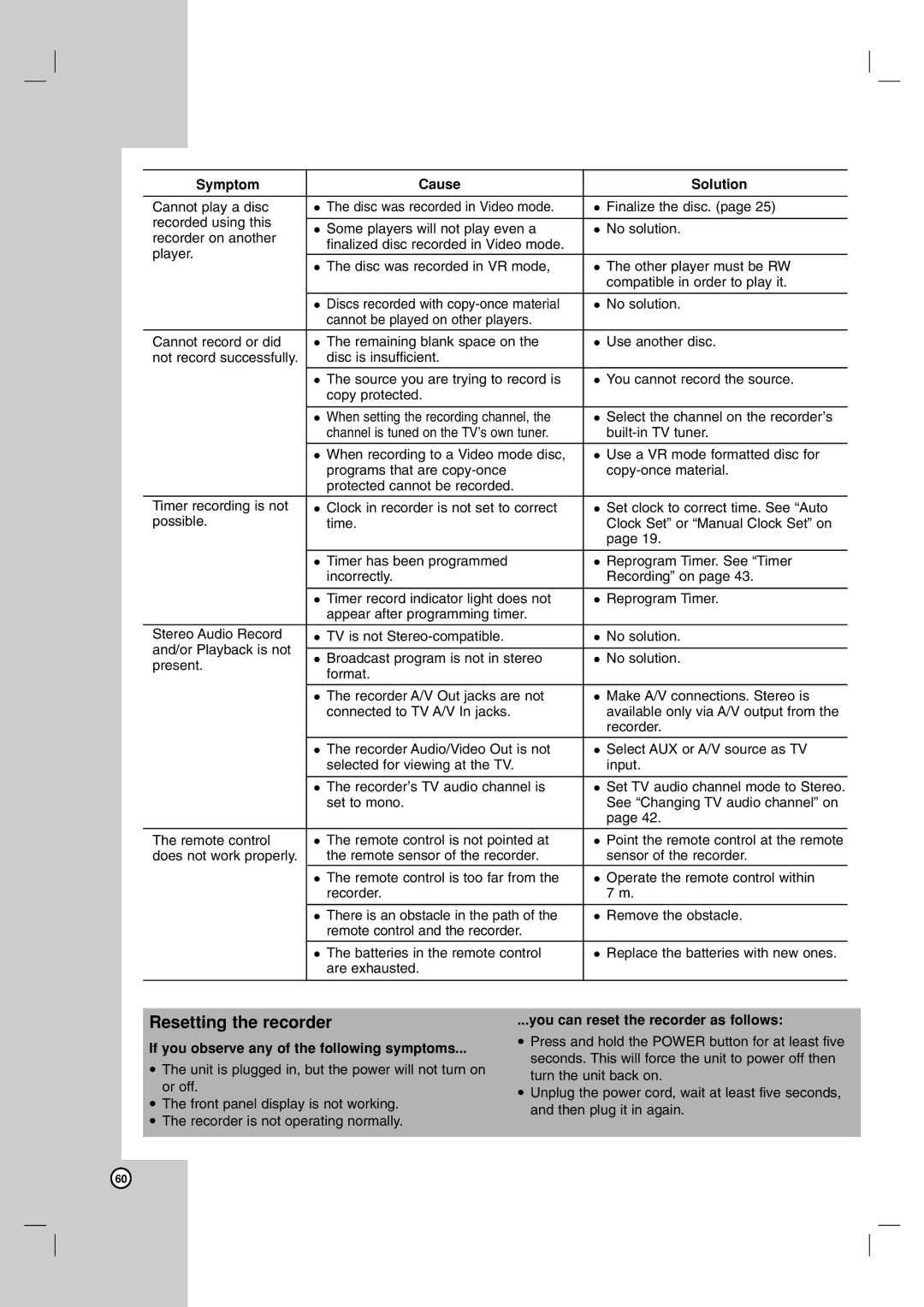 LG Electronics RH7850H owner manual Resetting the recorder, You can reset the recorder as follows 