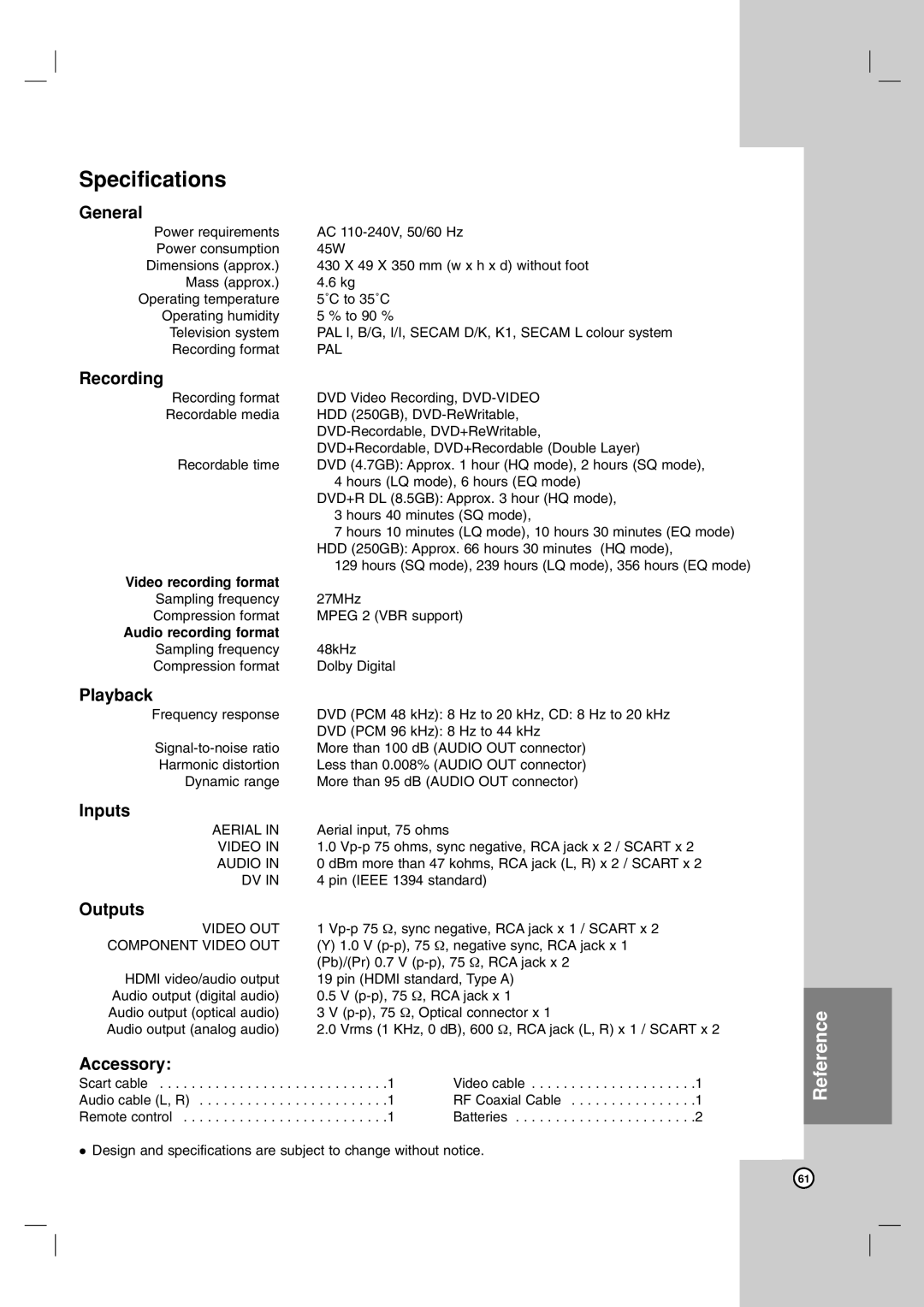 LG Electronics RH7850H owner manual Specifications 