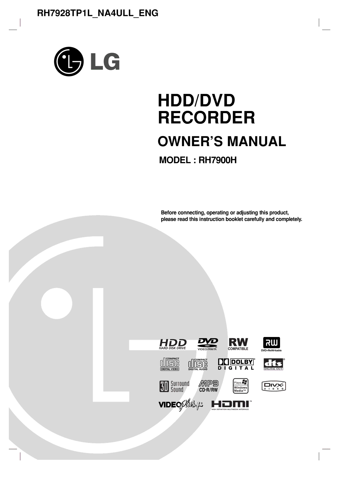 LG Electronics RH7900H owner manual HDD/DVD Recorder 