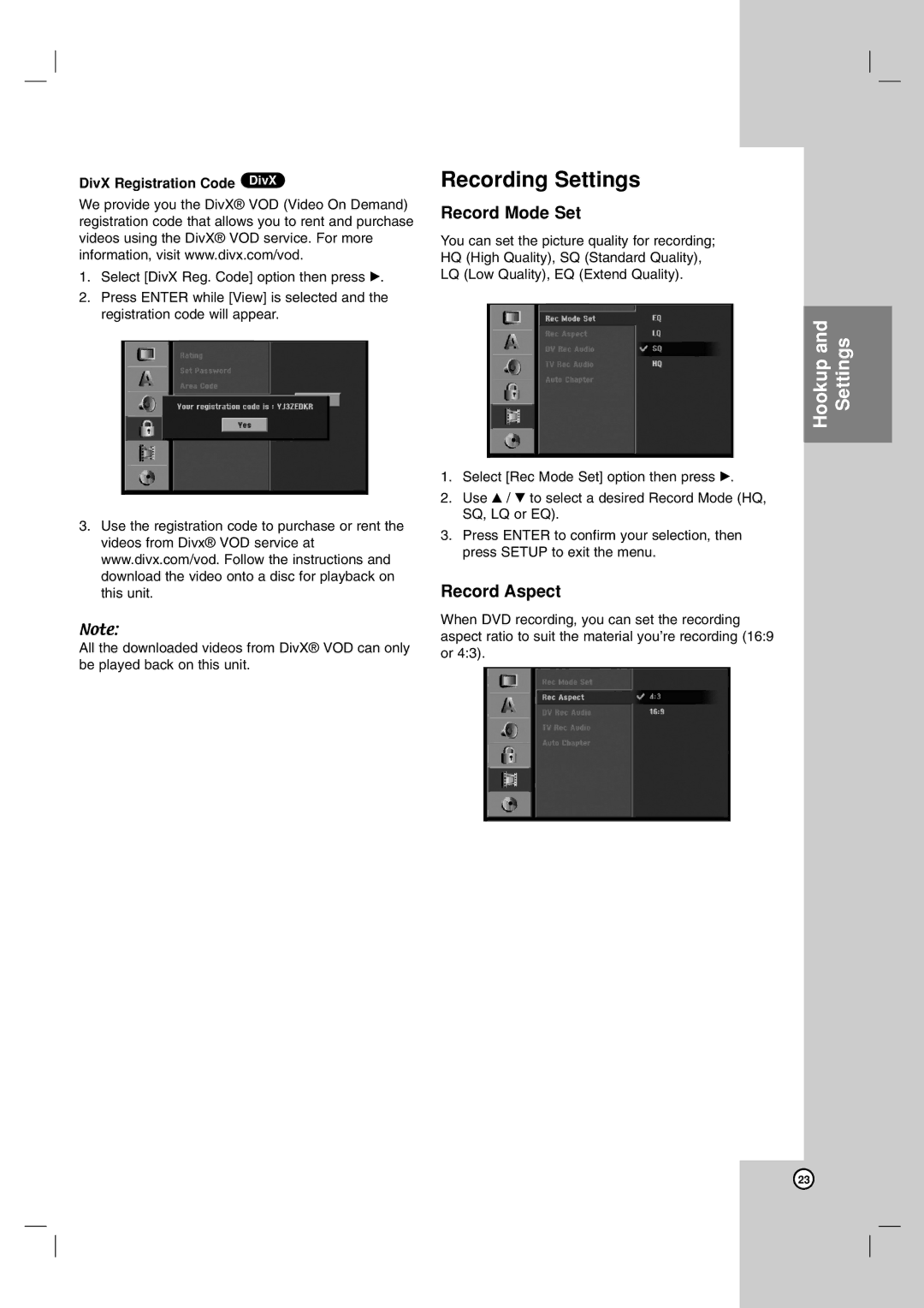 LG Electronics RH7900H owner manual Recording Settings, Record Mode Set, Record Aspect, DivX Registration Code DivX 