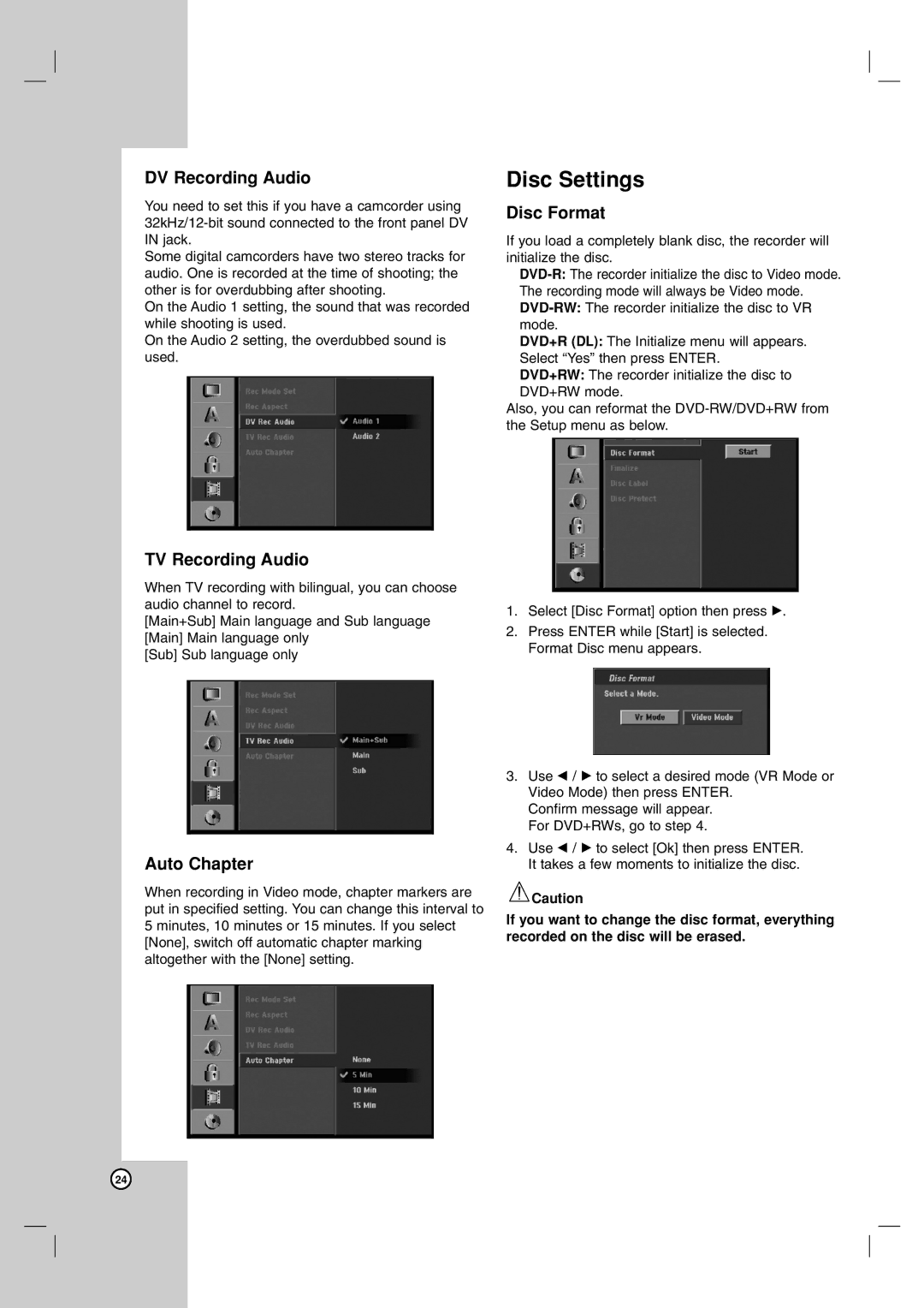 LG Electronics RH7900H owner manual Disc Settings, DV Recording Audio, TV Recording Audio, Auto Chapter, Disc Format 