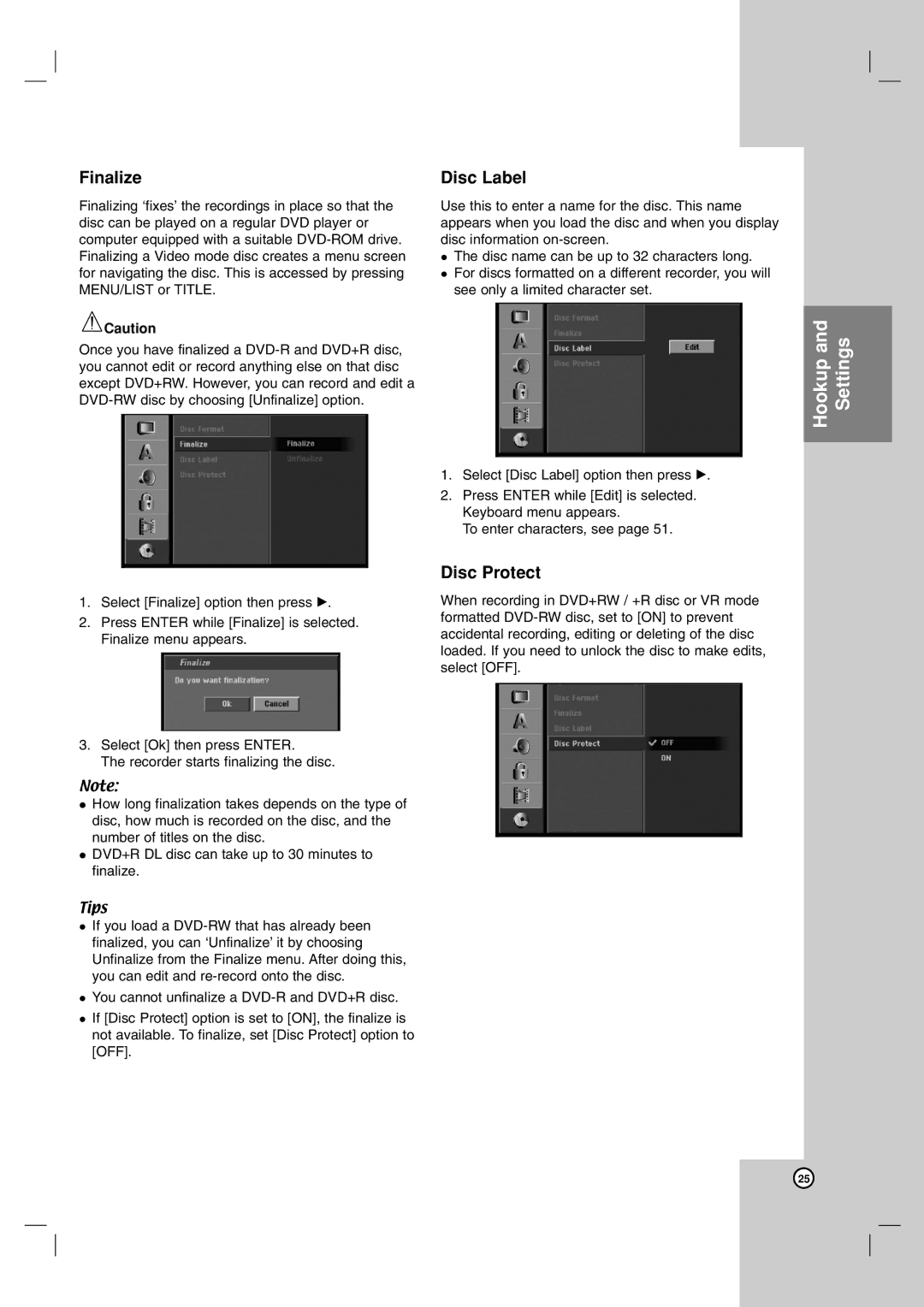 LG Electronics RH7900H owner manual Finalize, Disc Label, Disc Protect 