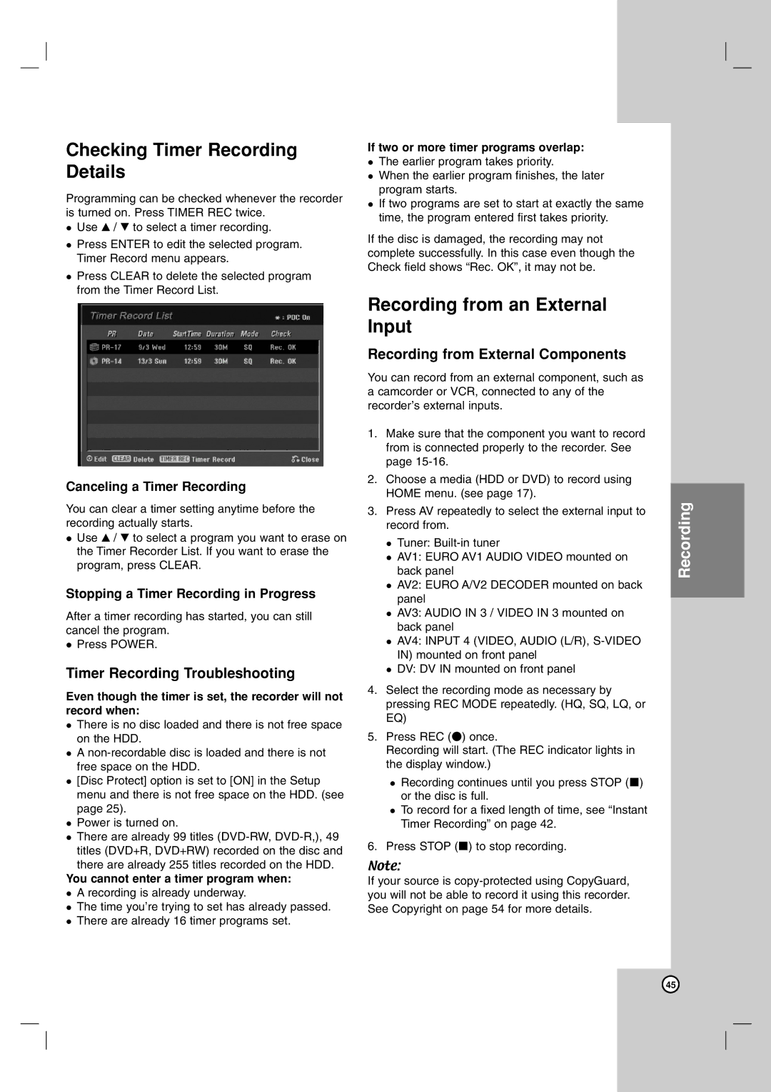 LG Electronics RH7900H Checking Timer Recording Details, Recording from an External Input, Timer Recording Troubleshooting 