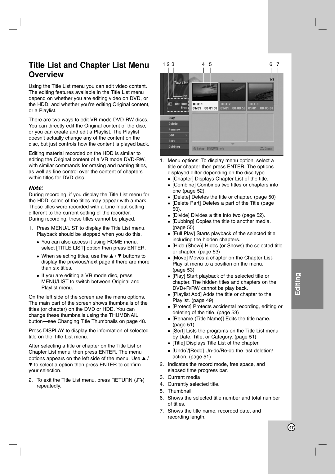 LG Electronics RH7900H owner manual Title List and Chapter List Menu Overview 