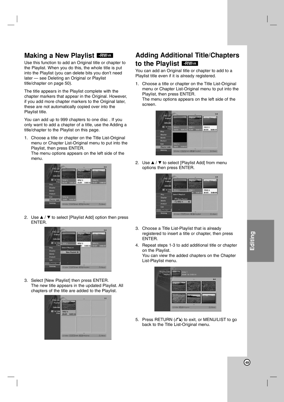 LG Electronics RH7900H owner manual Making a New Playlist -RWVR, Adding Additional Title/Chapters to the Playlist -RWVR 