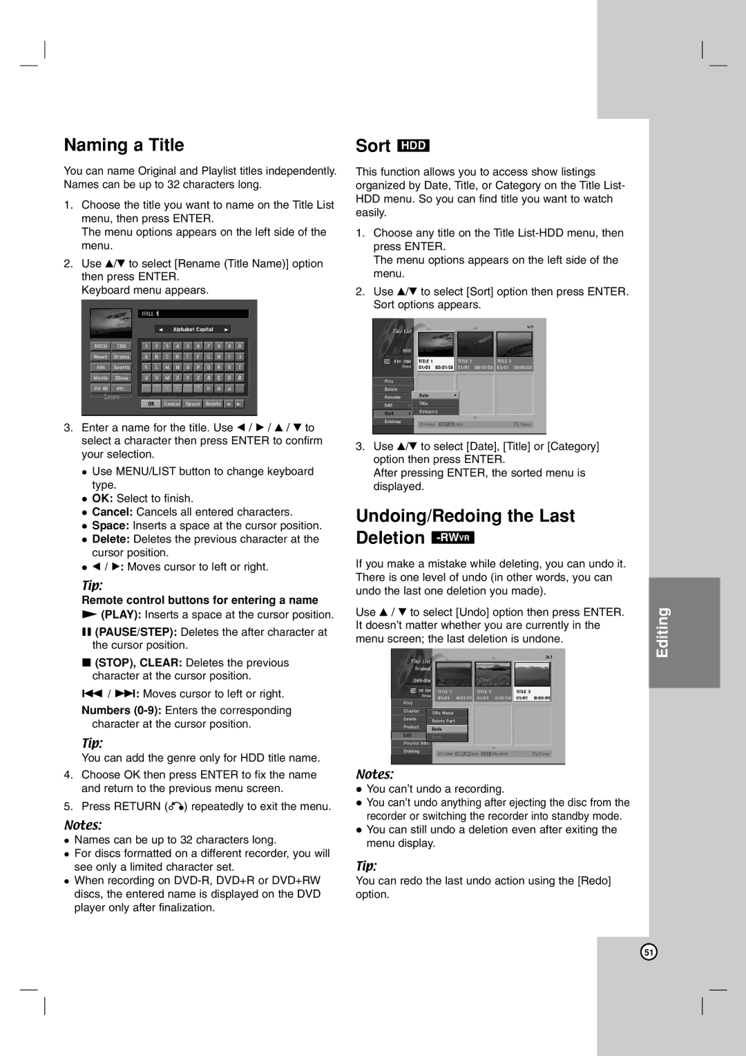 LG Electronics RH7900H owner manual Naming a Title, Sort HDD, Undoing/Redoing the Last Deletion -RWVR 