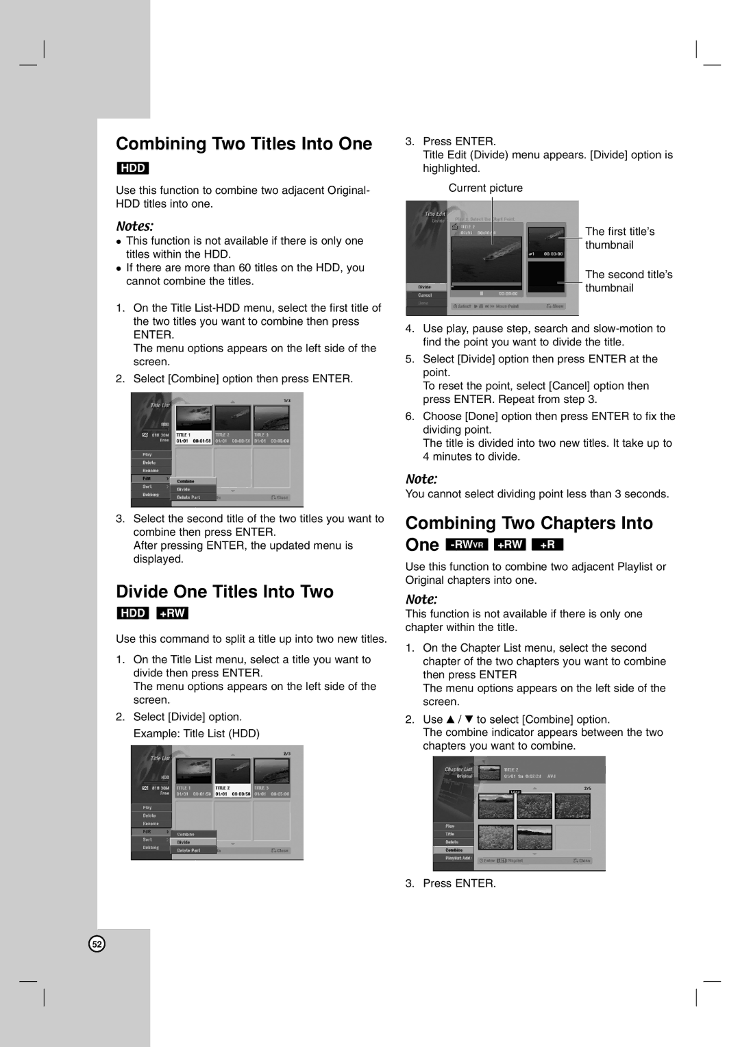 LG Electronics RH7900H owner manual Combining Two Titles Into One, Divide One Titles Into Two, Combining Two Chapters Into 