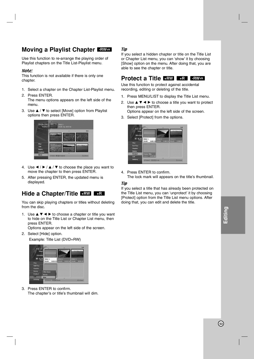 LG Electronics RH7900H owner manual Moving a Playlist Chapter -RWVR, Hide a Chapter/Title +RW +R, +Rw +R -Rw 