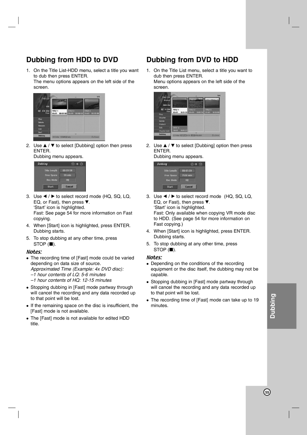 LG Electronics RH7900H owner manual Dubbing from HDD to DVD, Dubbing from DVD to HDD 