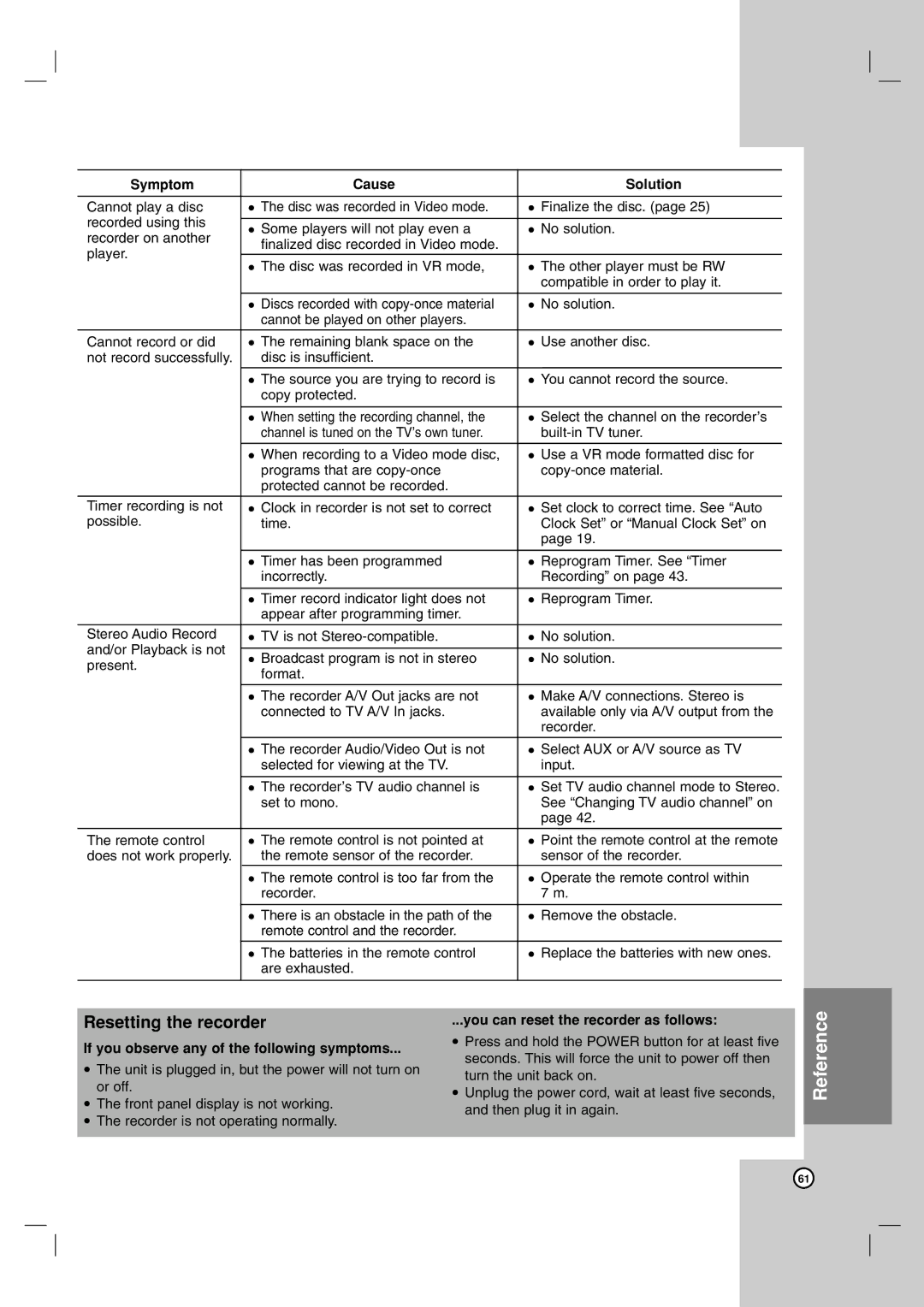 LG Electronics RH7900H owner manual Resetting the recorder 