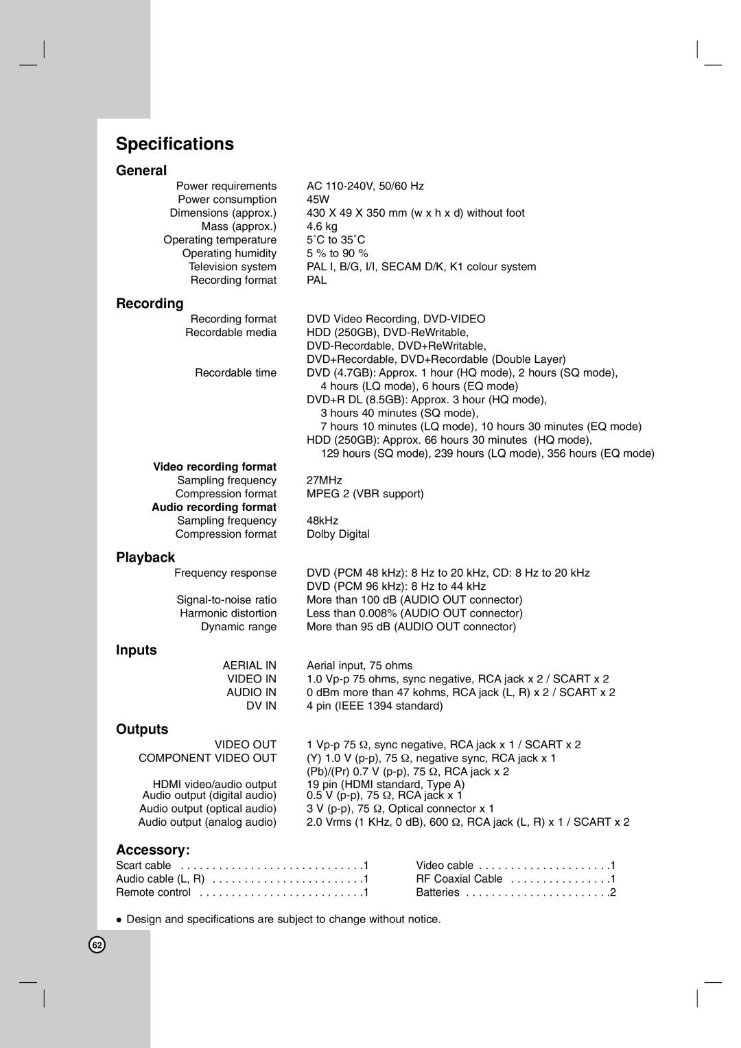 LG Electronics RH7900H owner manual Specifications 