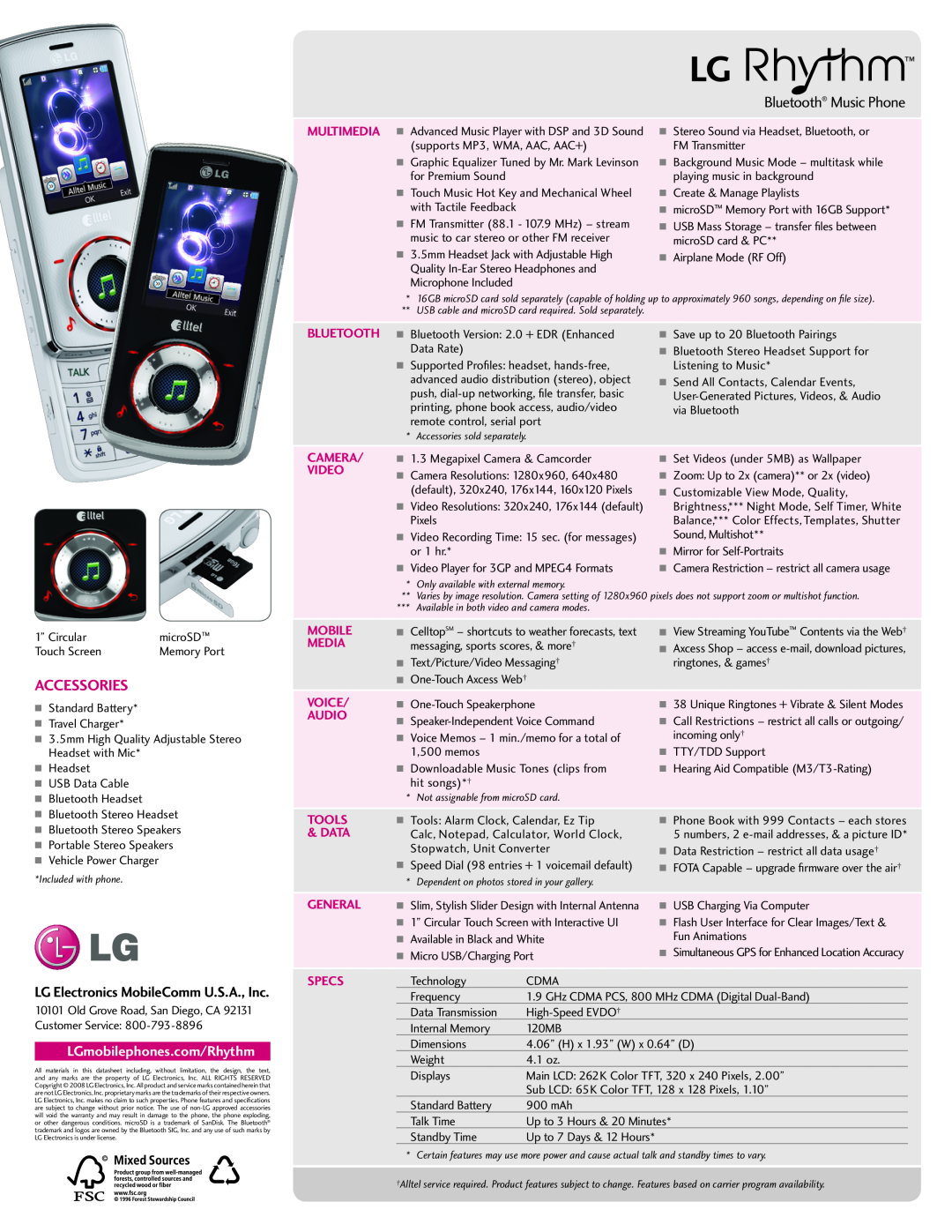 LG Electronics Bluetooth Music Phone, Accessories, LG Electronics MobileComm U.S.A., Inc, LGmobilephones.com/Rhythm 