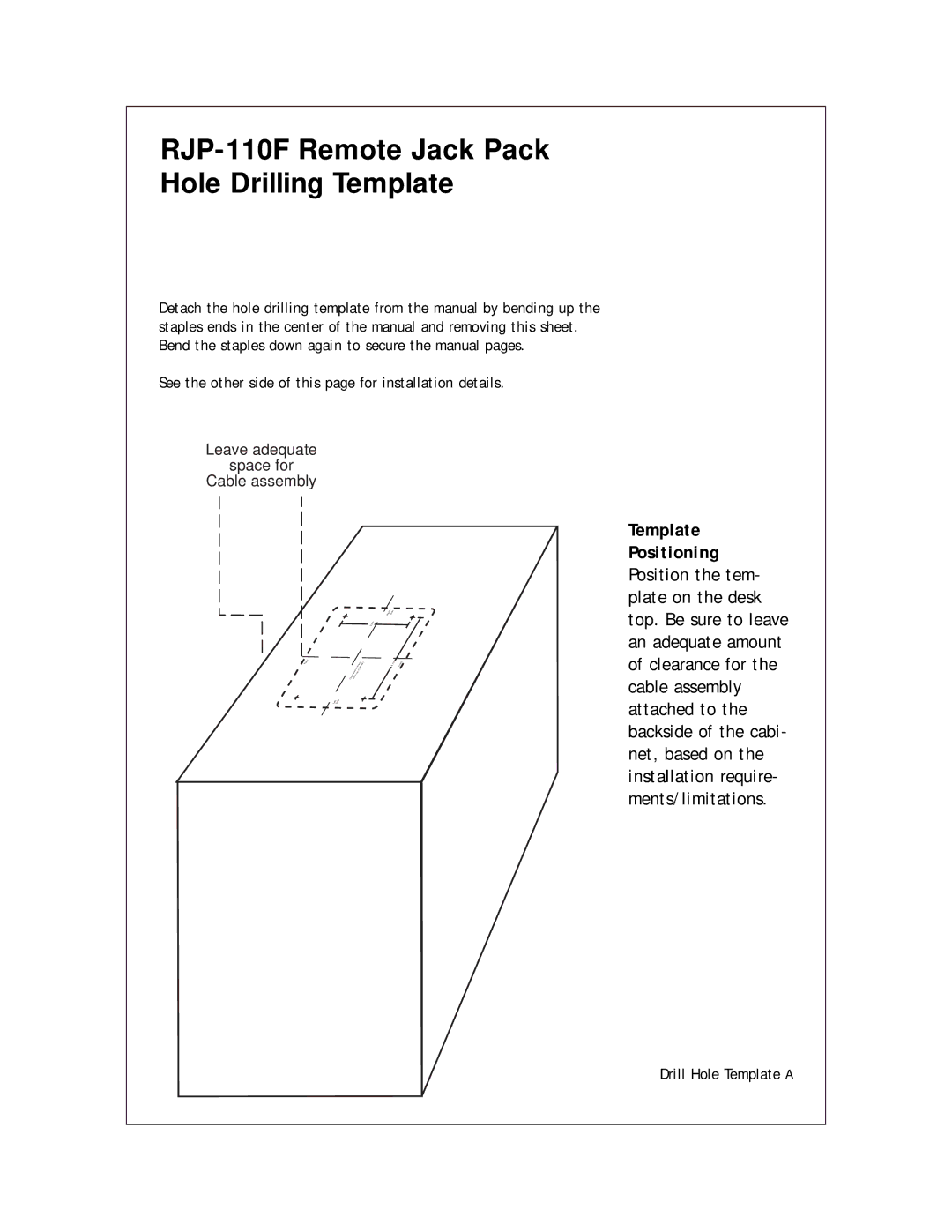 LG Electronics RJP-110FW setup guide RJP-110F Remote Jack Pack Hole Drilling Template 