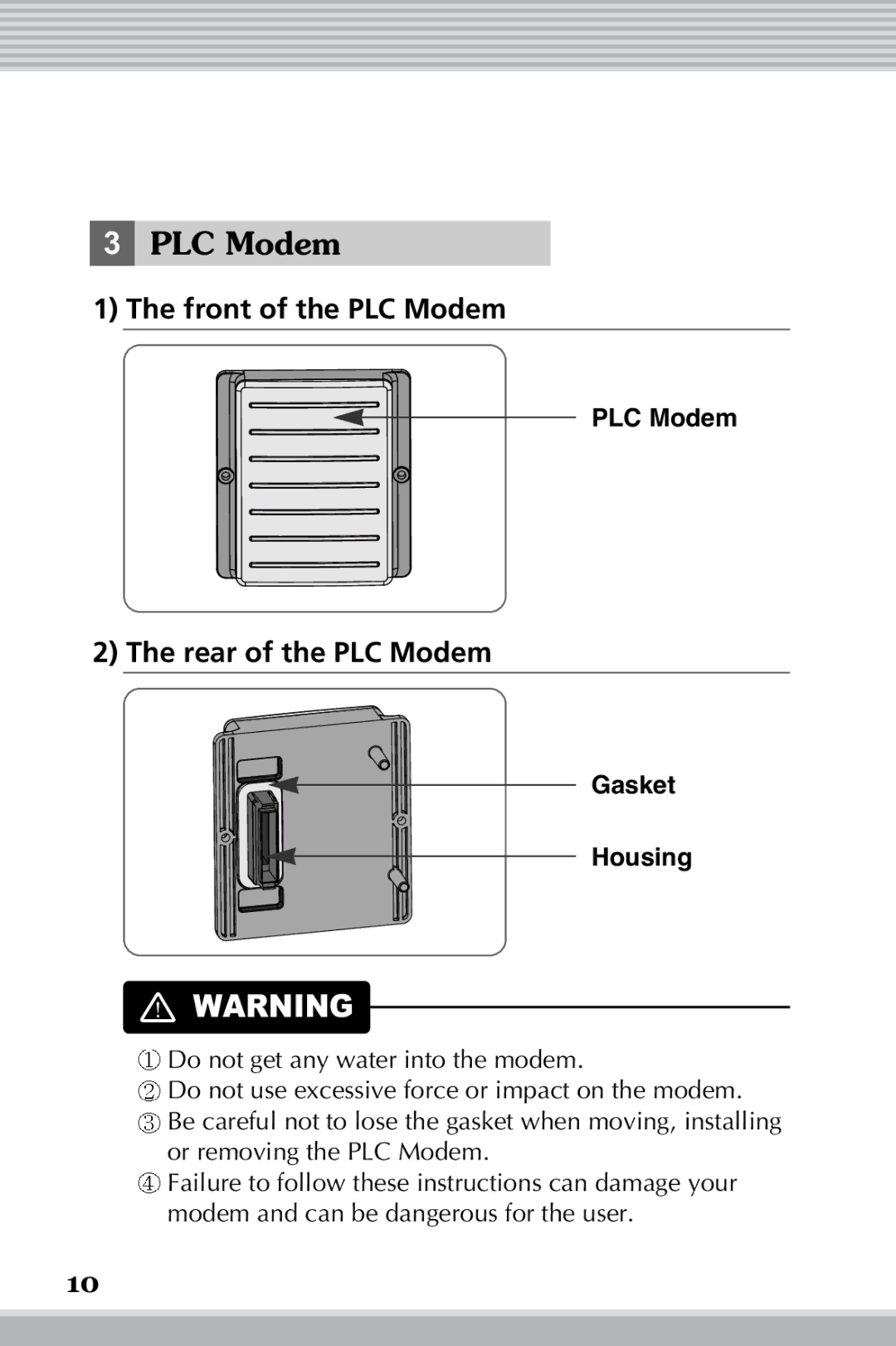 LG Electronics RLM20K, RLM10 owner manual Front of the PLC Modem, Rear of the PLC Modem, Gasket Housing 