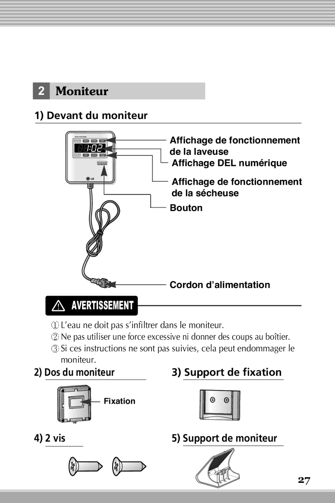 LG Electronics RLM10, RLM20K Moniteur, Devant du moniteur, Dos du moniteur Support de fixation, Affichage DEL numérique 