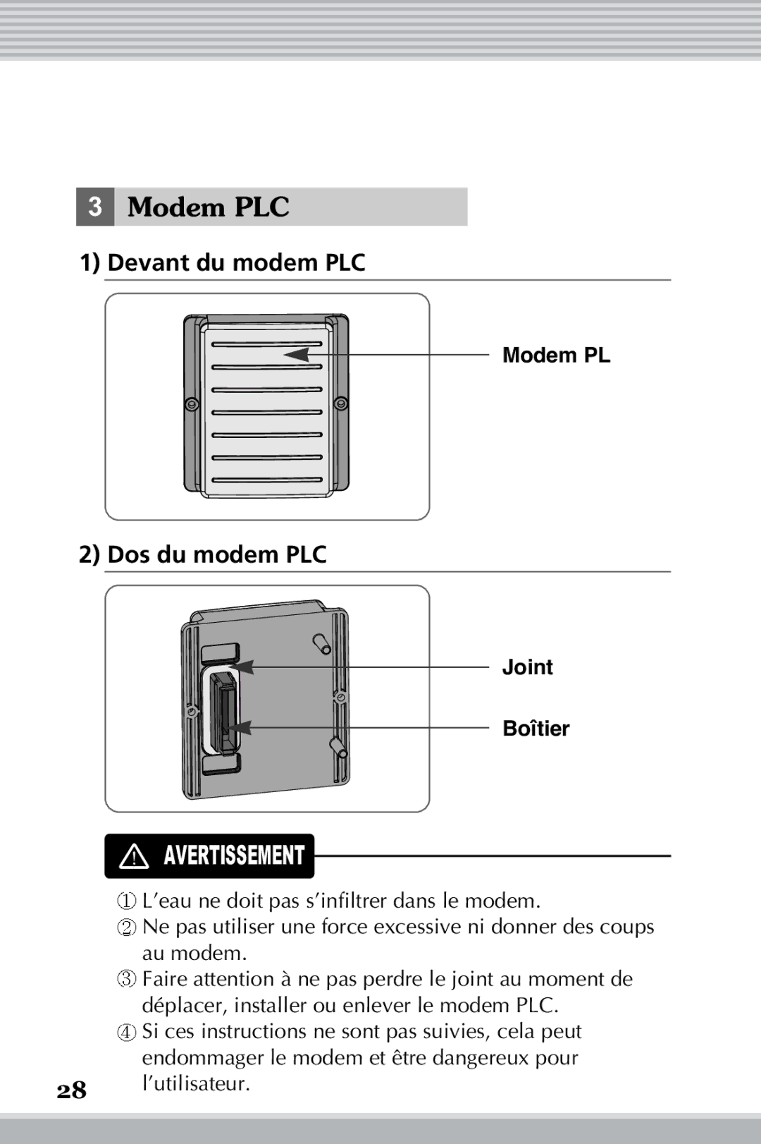 LG Electronics RLM20K, RLM10 owner manual Modem PLC, Devant du modem PLC, Dos du modem PLC, Joint Boîtier 