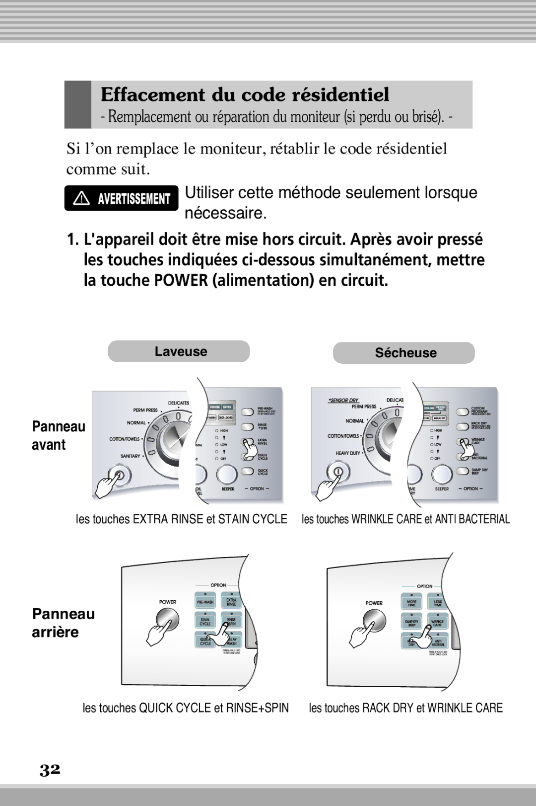 LG Electronics RLM20K, RLM10 owner manual Effacement du code résidentiel, Panneau arrière 