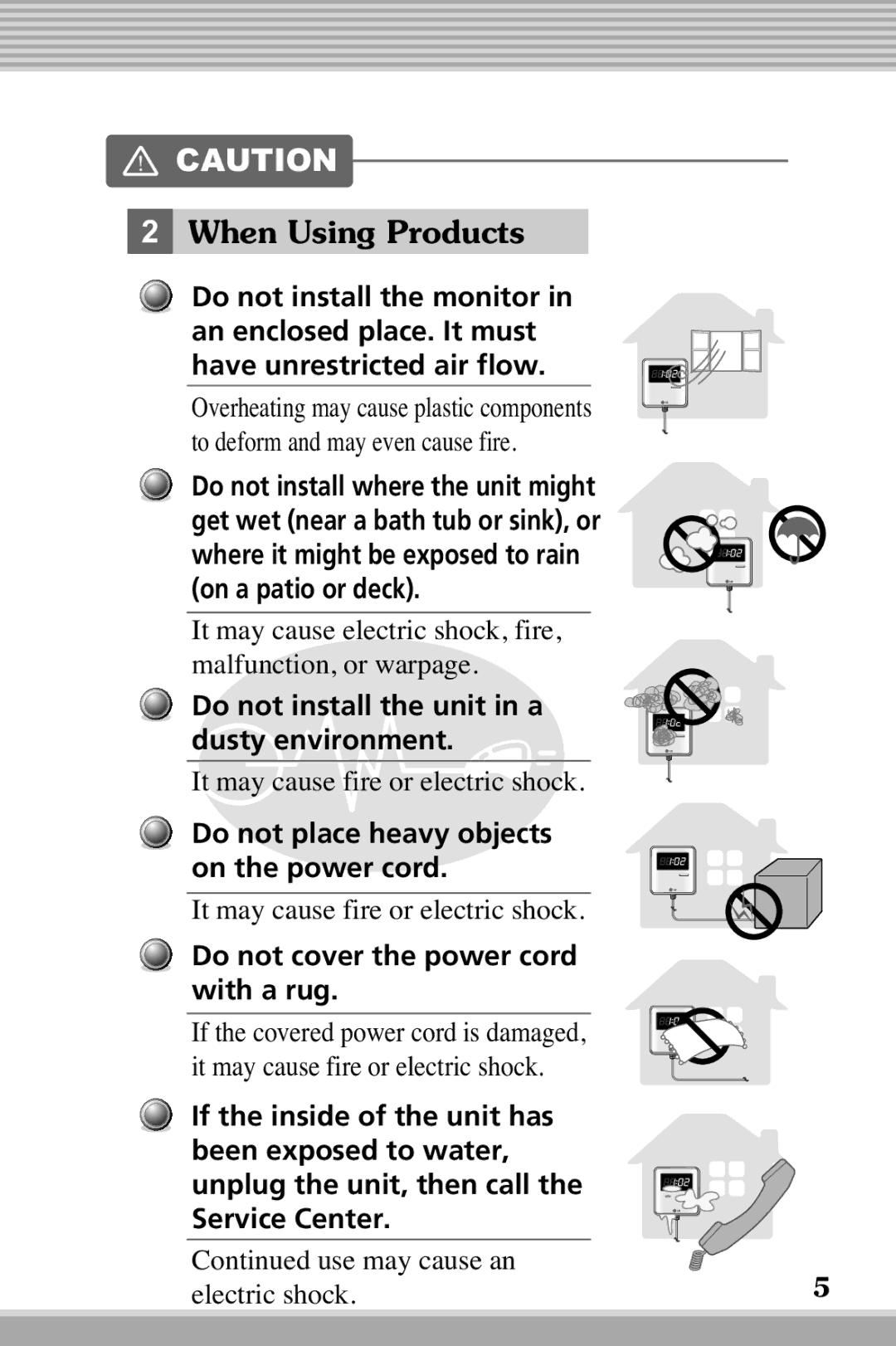 LG Electronics RLM10, RLM20K owner manual When Using Products, Do not install the unit in a dusty environment 